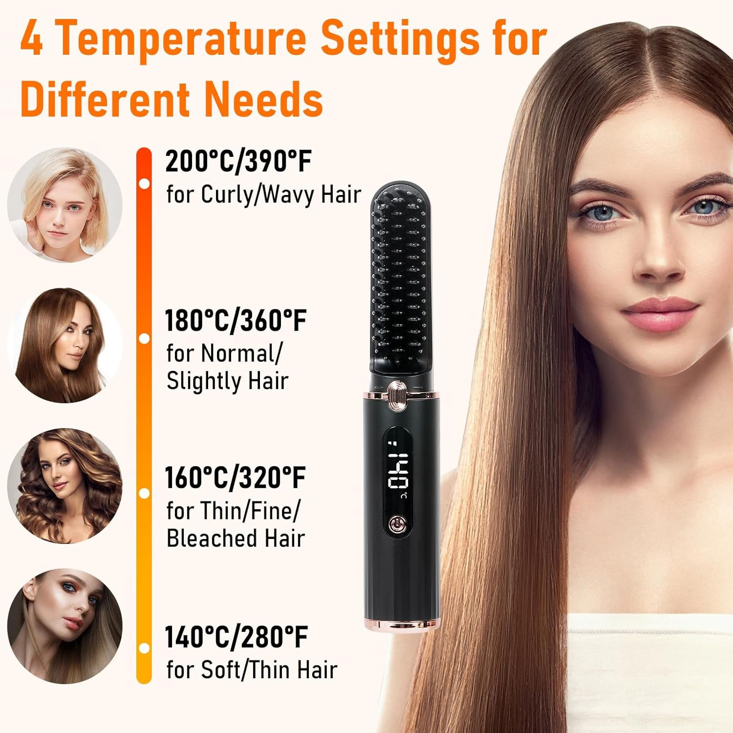 Cordless Hair Straightener Brush, Portable Hot Comb Hair Straightener Negative Ion Hair Straighteners Comb for Women 5 Temperature Beard Straightener Brush USB Rechargeable Anti-Scald Auto-Off - Black image number 3