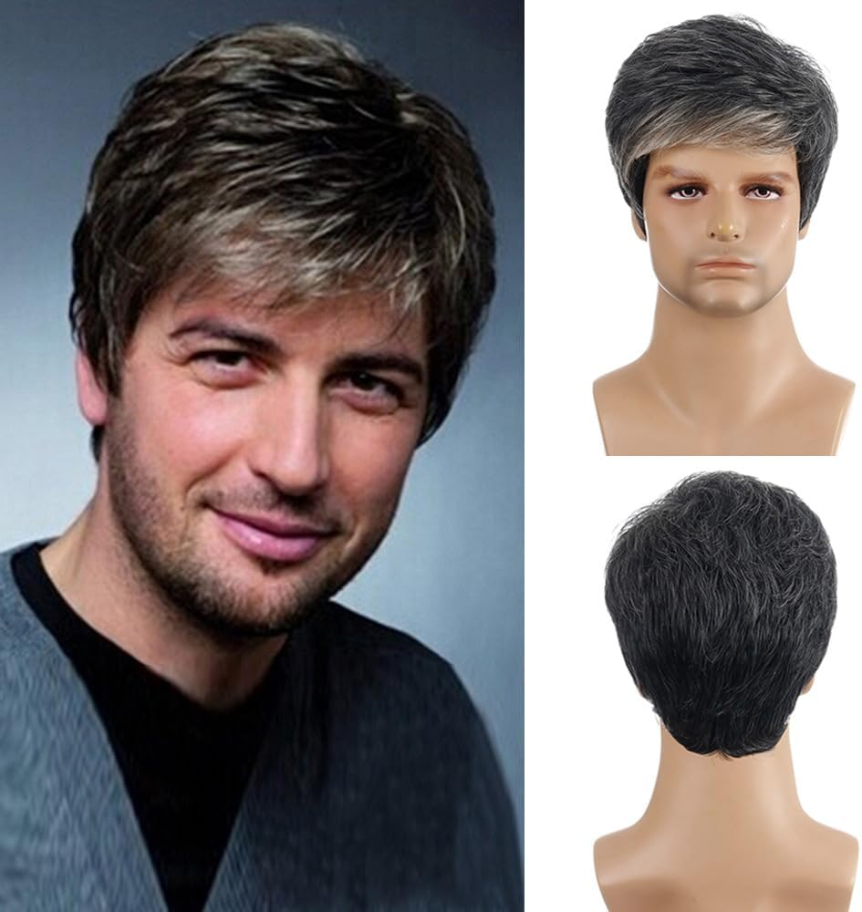 AUBWIG Men'S Black Brown Mixed Light Blonde Wigs Short Hair with Blonde Strands Natural Smooth Fluffy with Fringe Tiered Synthetic Wig for Male Everyday Use