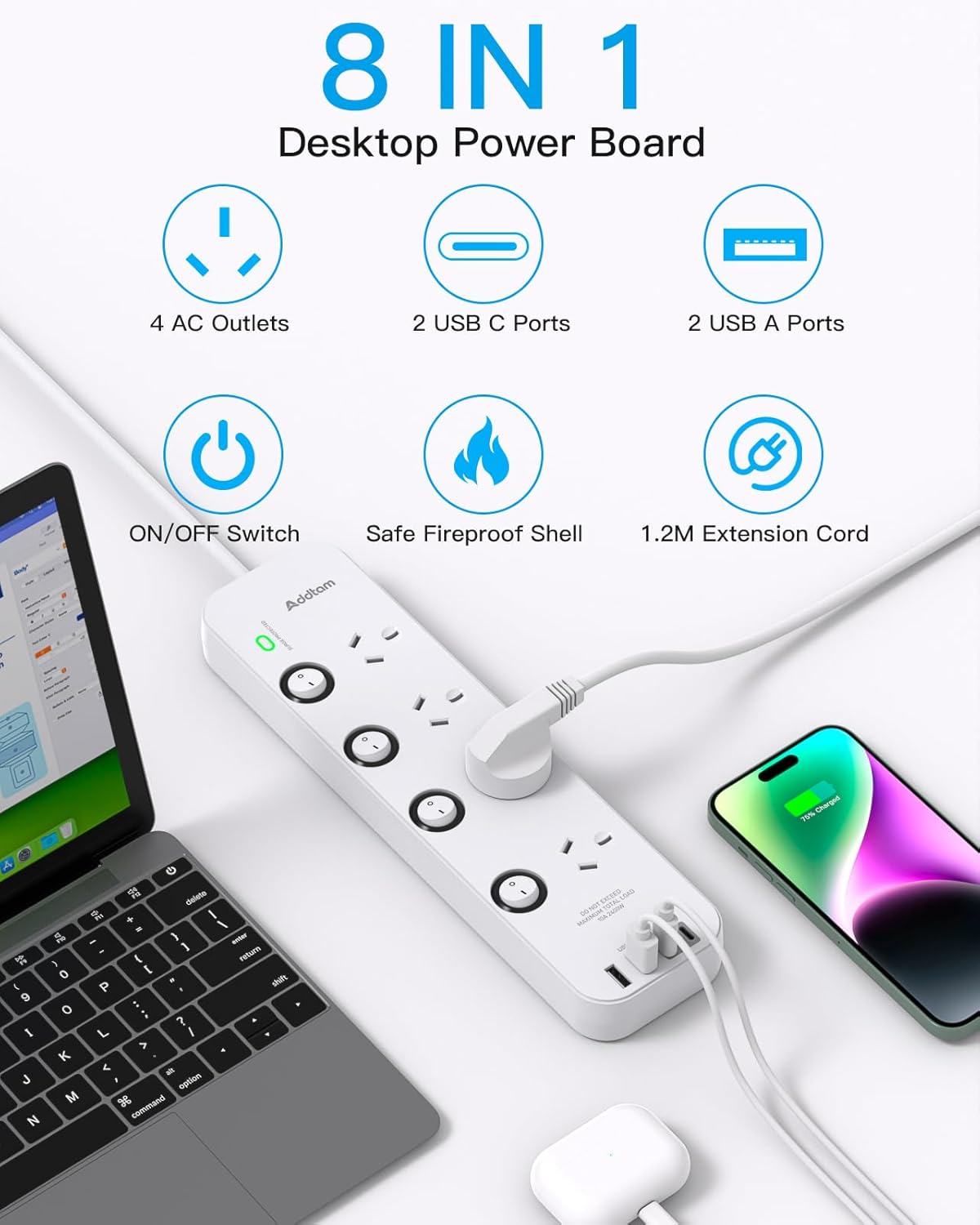 Addtam Power Board Individual Switch,Power Strip with 4 AC Outlets, 2 USB a and 2 USB C,Surge Protector 1.2M Extension Cord, 350 Joules,Overload Protection,Powerboard for Home and Office Use (White) image number 6
