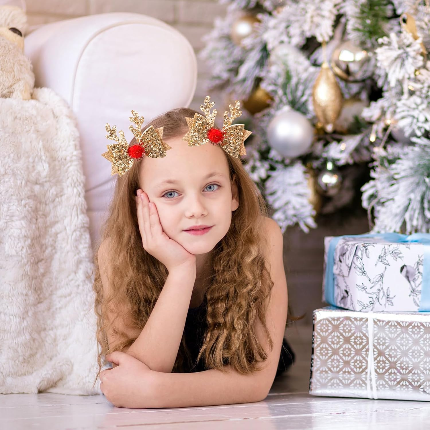 Pack of 4 Christmas Deer Hair Accessories Clips, Christmas Hair Accessories, Hair Clips, Christmas Decoration Hair Clip for Children, Girls, Women, Christmas Glitter Hair Clips, Bow Hair Pins image number 6