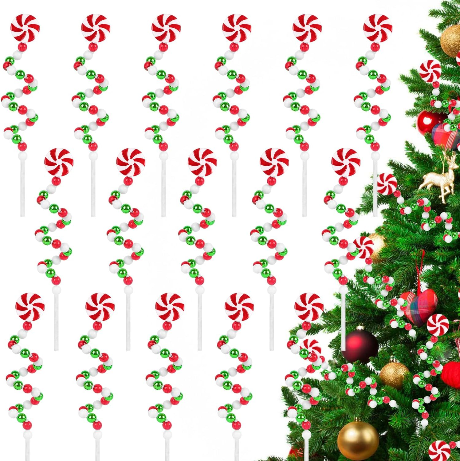 16 PCS 11.7 Inch Christmas Curly Pick Red Green White Christmas Ornament Candy Shape Christmas Tree Picks Christmas Tree Decorations for Xmas Tree Topper Xmas Party Supplies Home Vase Party Ornaments image number 3