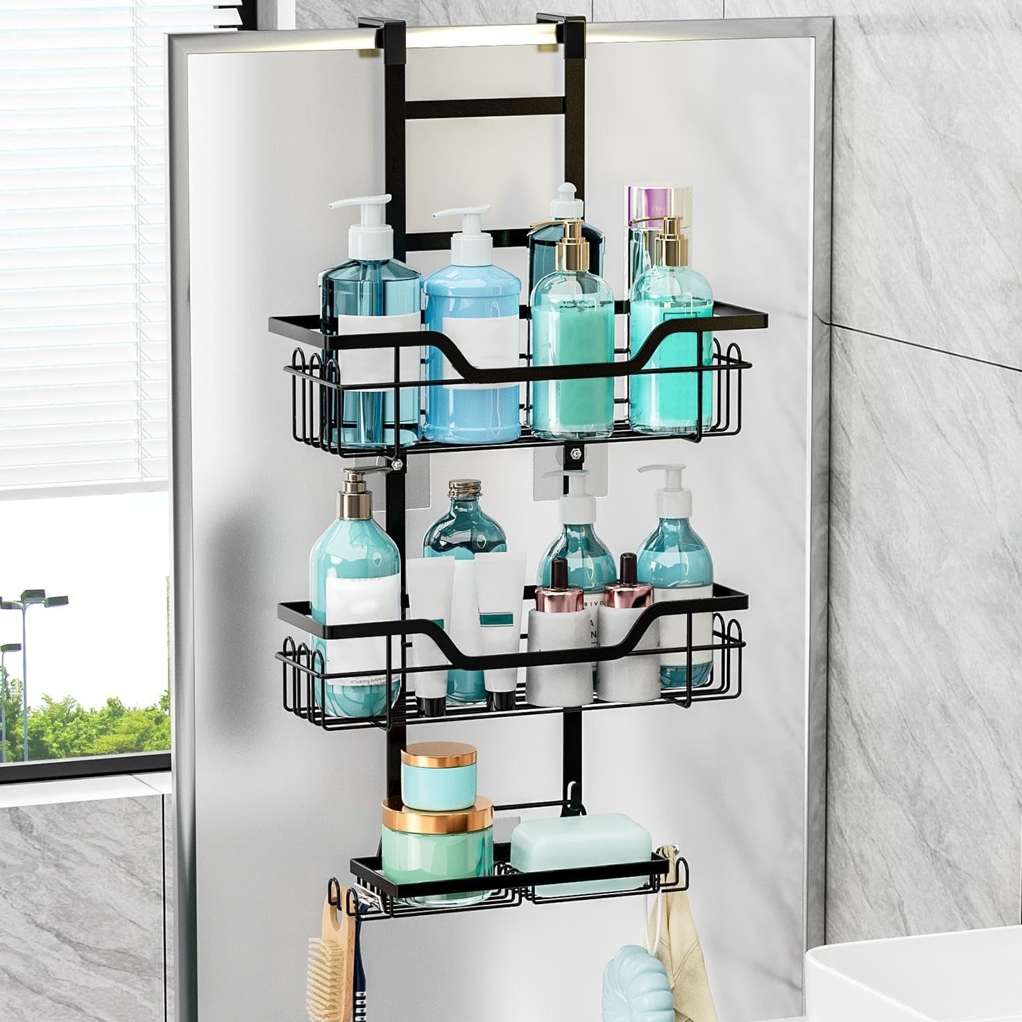 Sandream over the Door Shower Caddy, 3 Tier No Drilling Shower Caddy Hanging with Hooks for Razor and Sponge, Rustproof Bathroom Storage Shelf Rack with Soap Holder - Black image number 2
