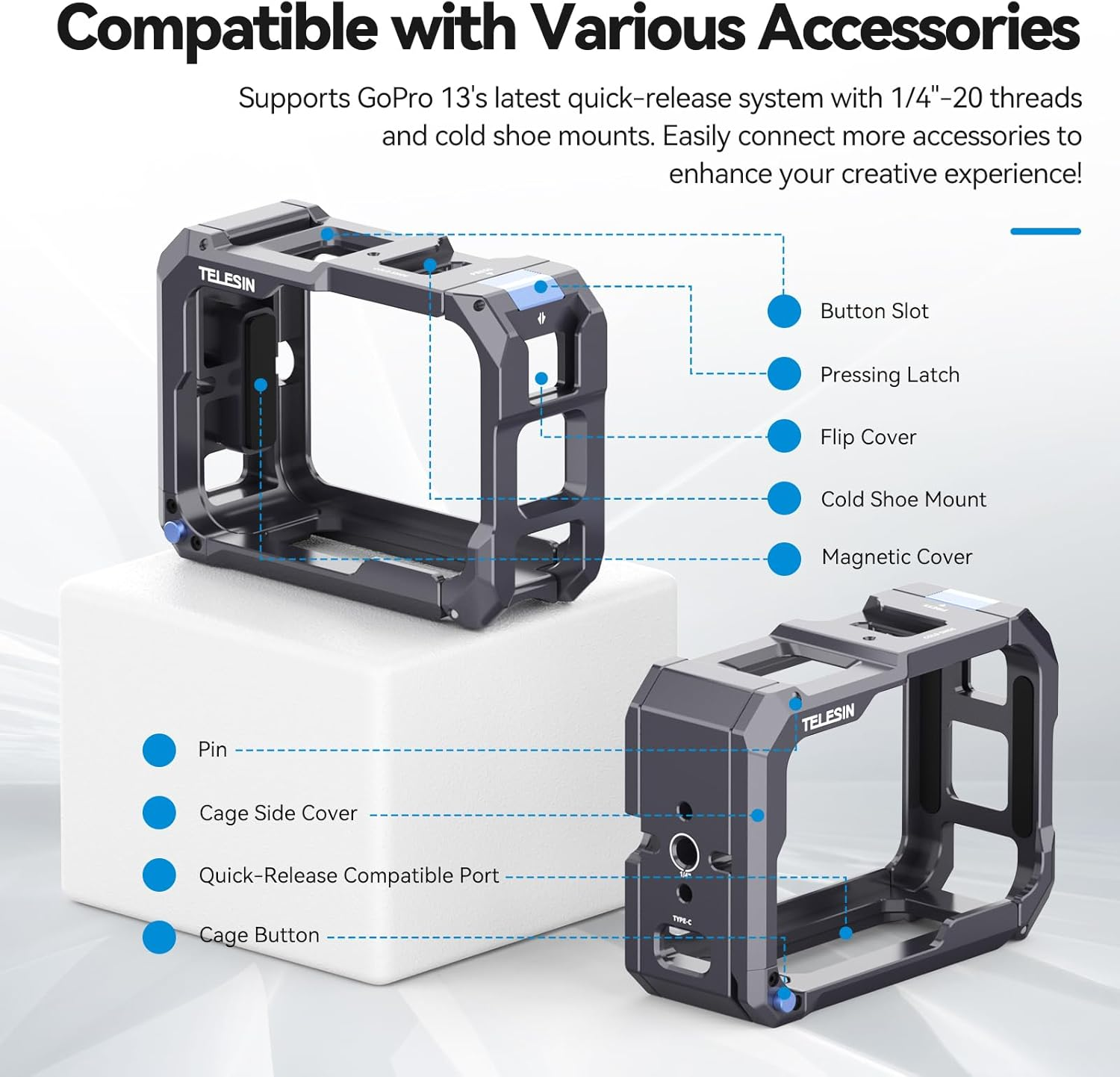 TELESIN Aluminum Cage Protective Case for Go Pro Hero 13, Black, Fits Go Pro with ND CPL Lens Filter, Max Lens on Camera, with Cold Shoe Mount to Video Light Microphone image number 2