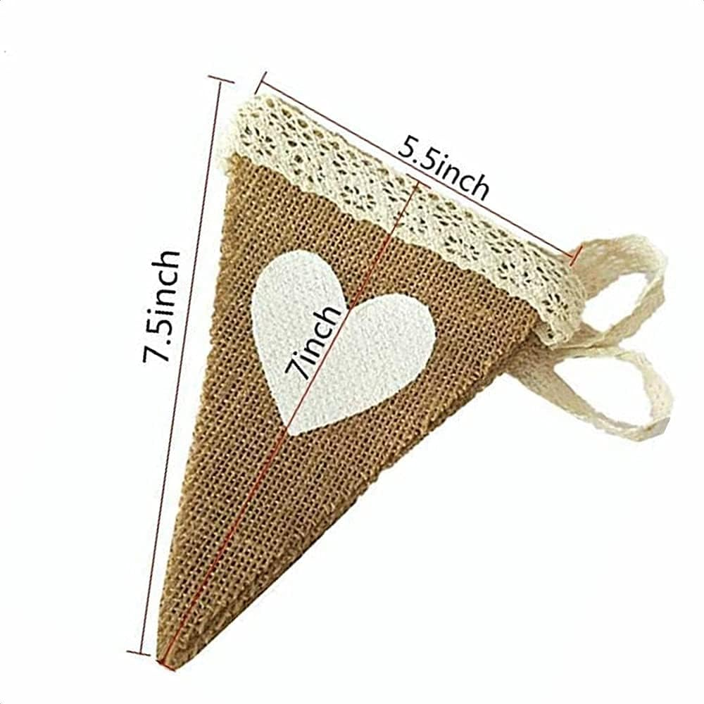 FQTANJU 12Pcs Vintage Heart Jute Burlap Bunting Banner Hessian Flag for Wedding Party Decoration White Lace 2.5M image number 6