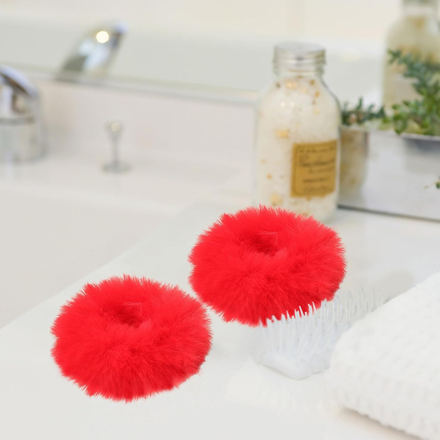 2 Pieces Furry Hair Scrunchies, Elastic Faux Rabbit Hair Ties, Soft and Cute Ponytail Holder, Exquisite Fashion Dress up Accessories for Women and Girls (Red) - Black image number 4