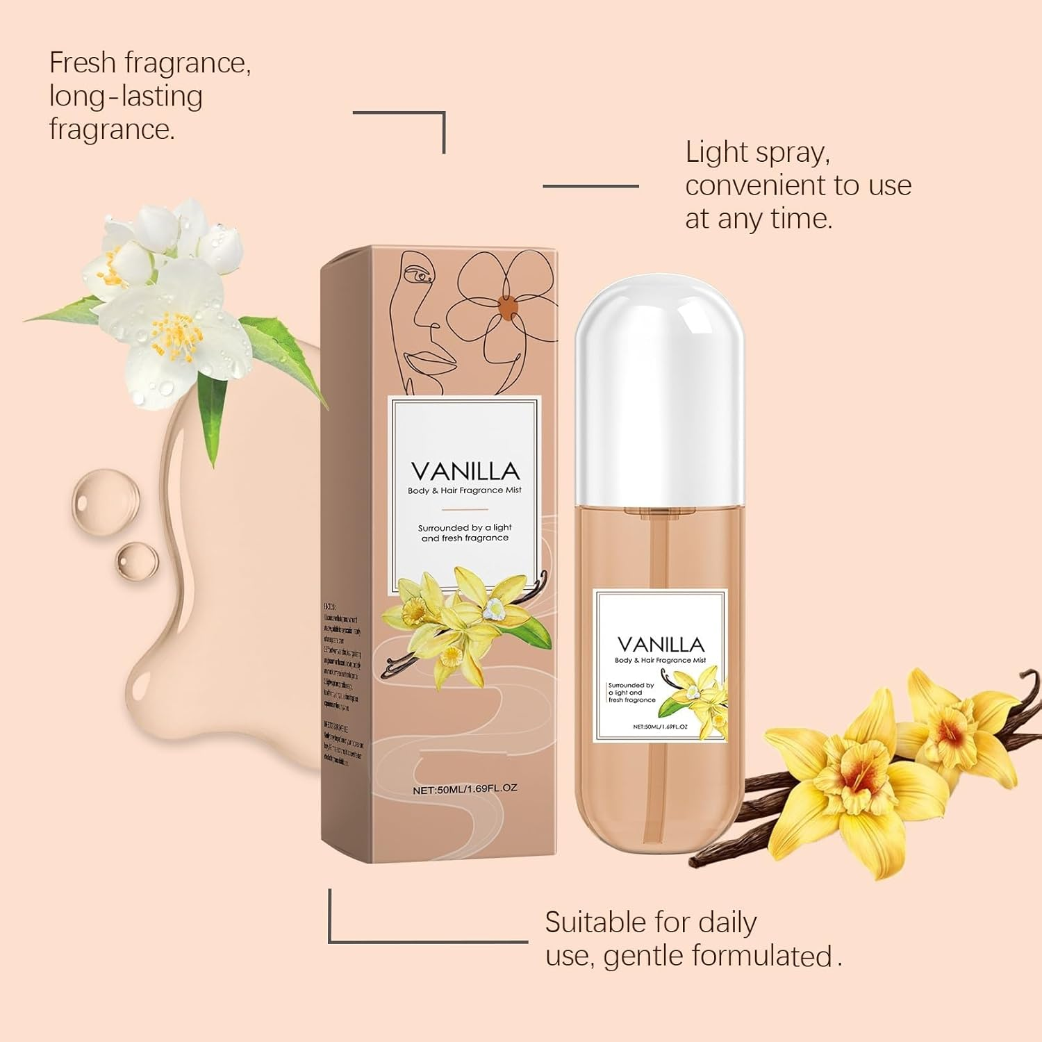 Vanilla Body Spray for Women, Long-Lasting Hair & Body Fragrance Mist with Light Scent, Hydrating Vanilla Skin Perfume, Multi-Use Hair for Women Fragrance Spray, Portable Perfume. (1PCS) - 2Pcs image number 4