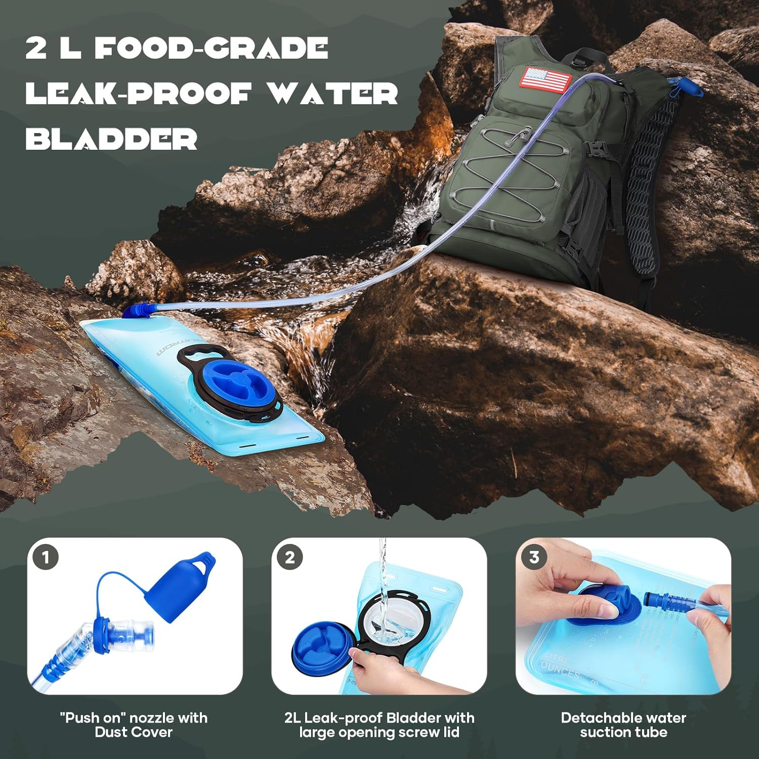 Hydration Backpack, Hiking Backpack with 2L Water Bladder, High Flow Bite Valve Water Backpack Men Women Lightweight Insulation for Hiking, Cycling, Running, Climbing, Camping image number 1