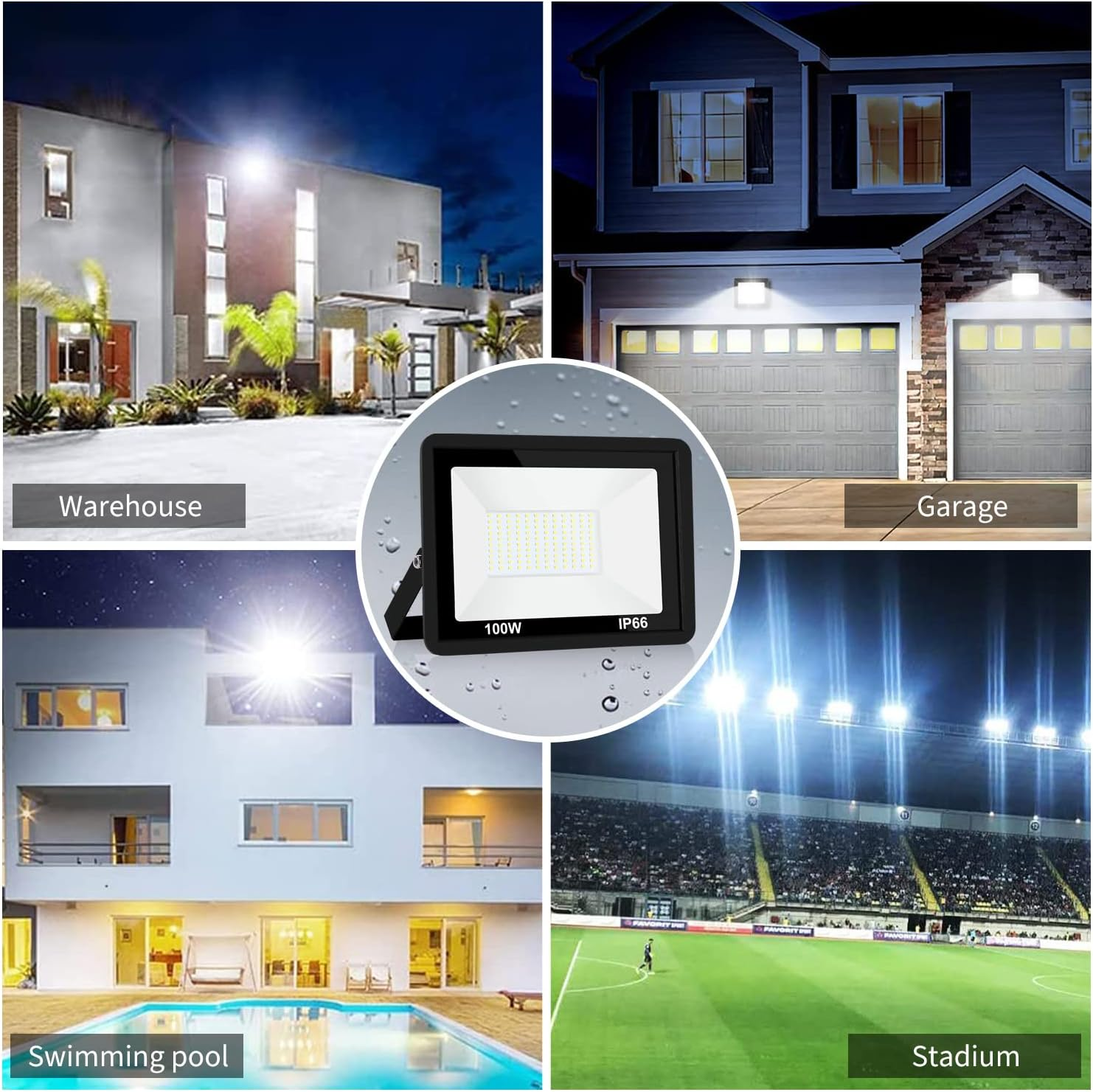 2 Pack 100W LED Flood Light Outdoor, 9000Lm LED Work Light, Floodlight with Plug On/Off Switch, 3200K Warm White Security Light for Yard Garden Stadium Garage Playground image number 6