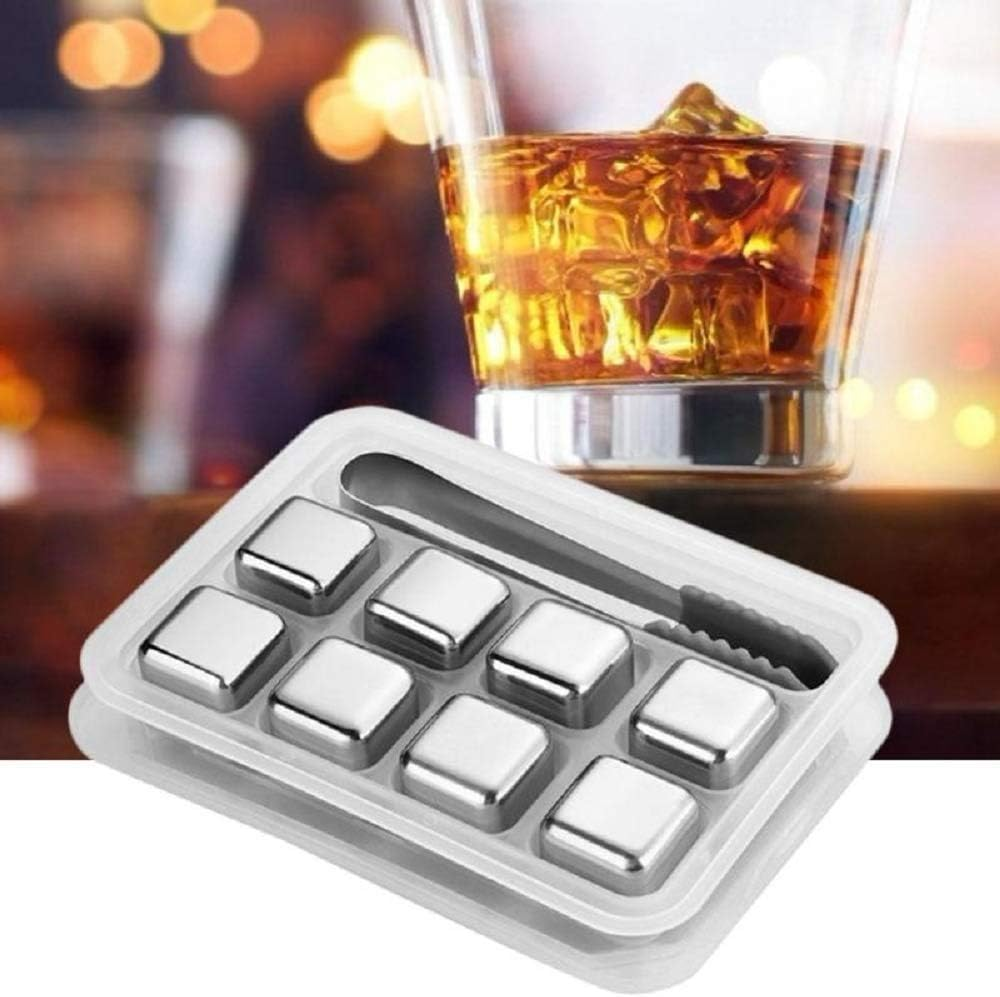 Whiskey Stones - 8 Pcs Stainless Steel Ice Cubes - Reusable Whisky Chilling Rocks Metal Ice with Tongs and Freezer Storage Tray for Beer Wine Cooler