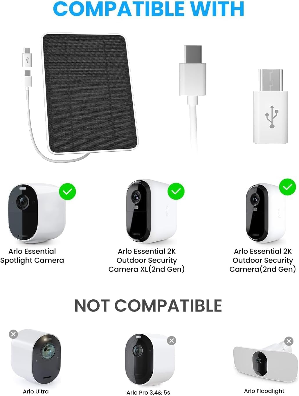 Solar Panel Charger Compatible with Arlo Essential 2K Outdoor(2Nd Gen)/Essential XL Camera(2Nd Gen)/Essential Spotlight, 5W Solar Panel with IP65 Waterproof 10Ft Micro USB-C Cable (2 Pack) image number 5