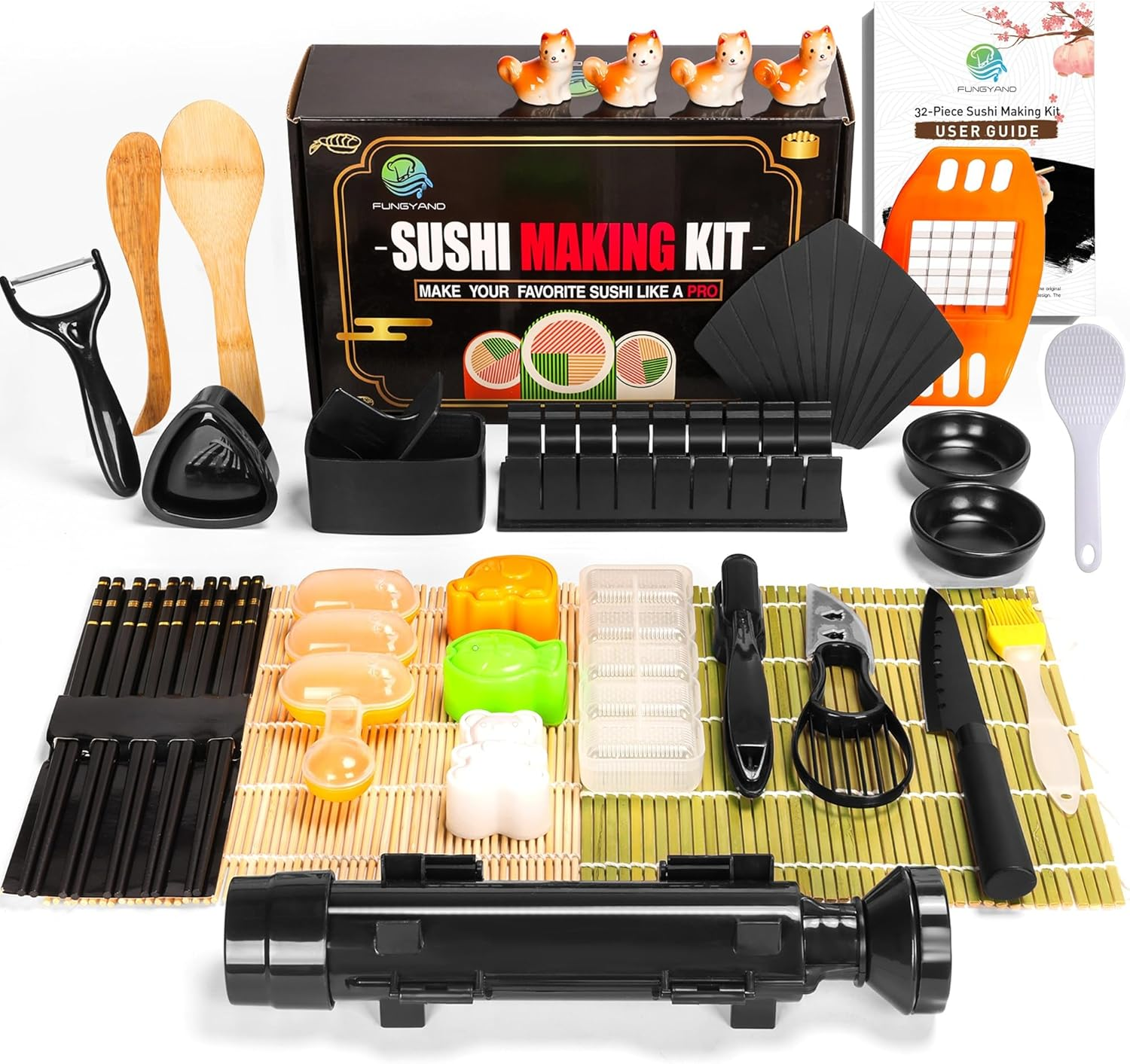 FUNGYAND Sushi Making Kit, 32-In-1 Complete Set with Bazooka Roller, Nigiri & Musubi Presses, Bamboo Mats, Knife, Peeler, Animal Rice Molds, Chopsticks & More &ndash; Perfect for Family Fun image number 2