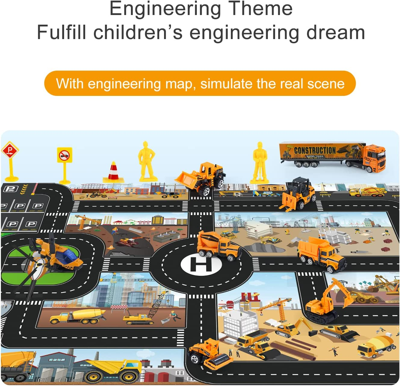 Jenilily Construction Vehicle Toy Car Set Play Mat, Long Truck, Forklift, Bulldozer, Excavator, Mixer, Dump Truck, Alloy Car Toys for 3 4 5 6 Years Old Toddlers Kids Boys image number 2