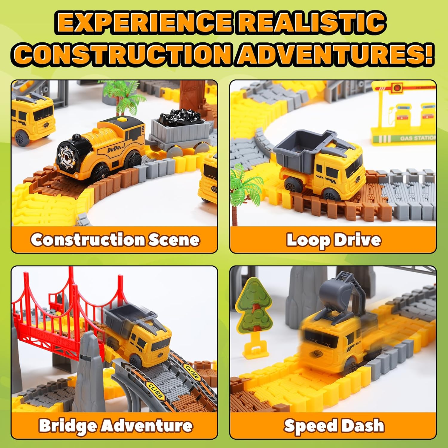 Eaglestone Construction Toys Race Track Set 206 PCS for Kids, Flexible Train Tracks with 1 Electric Train, Excavator, Cement Truck, Loading Truck, Engineering Gifts for 3 4 5 6 Year Old Boys Girls image number 2