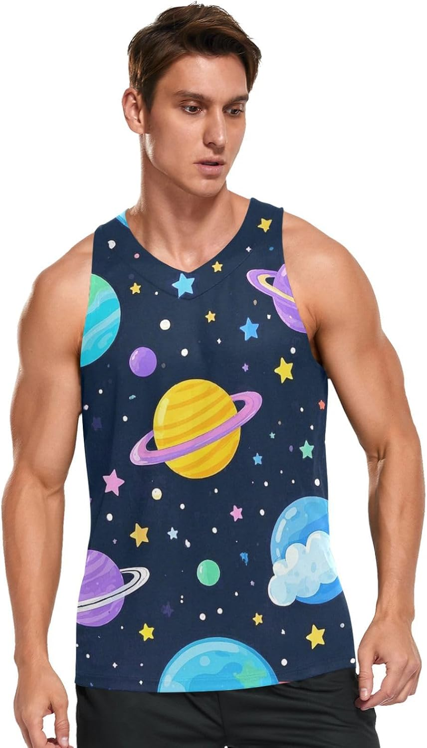 Amooorous Cartoon Cute Colorful Planet Dry Fit Tank Top for Men Men'S Club Sleeveless T-Shirt Lightweight Summer Sportswear image number 1