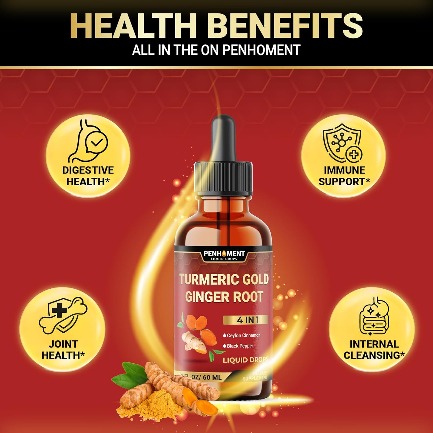 PENHOMENT 4 in 1 Liquid Turmeric Curcumin Drops Ginger Ceylon Cinnamon and Black Pepper - 2FL Oz - 60 Servings image number 5