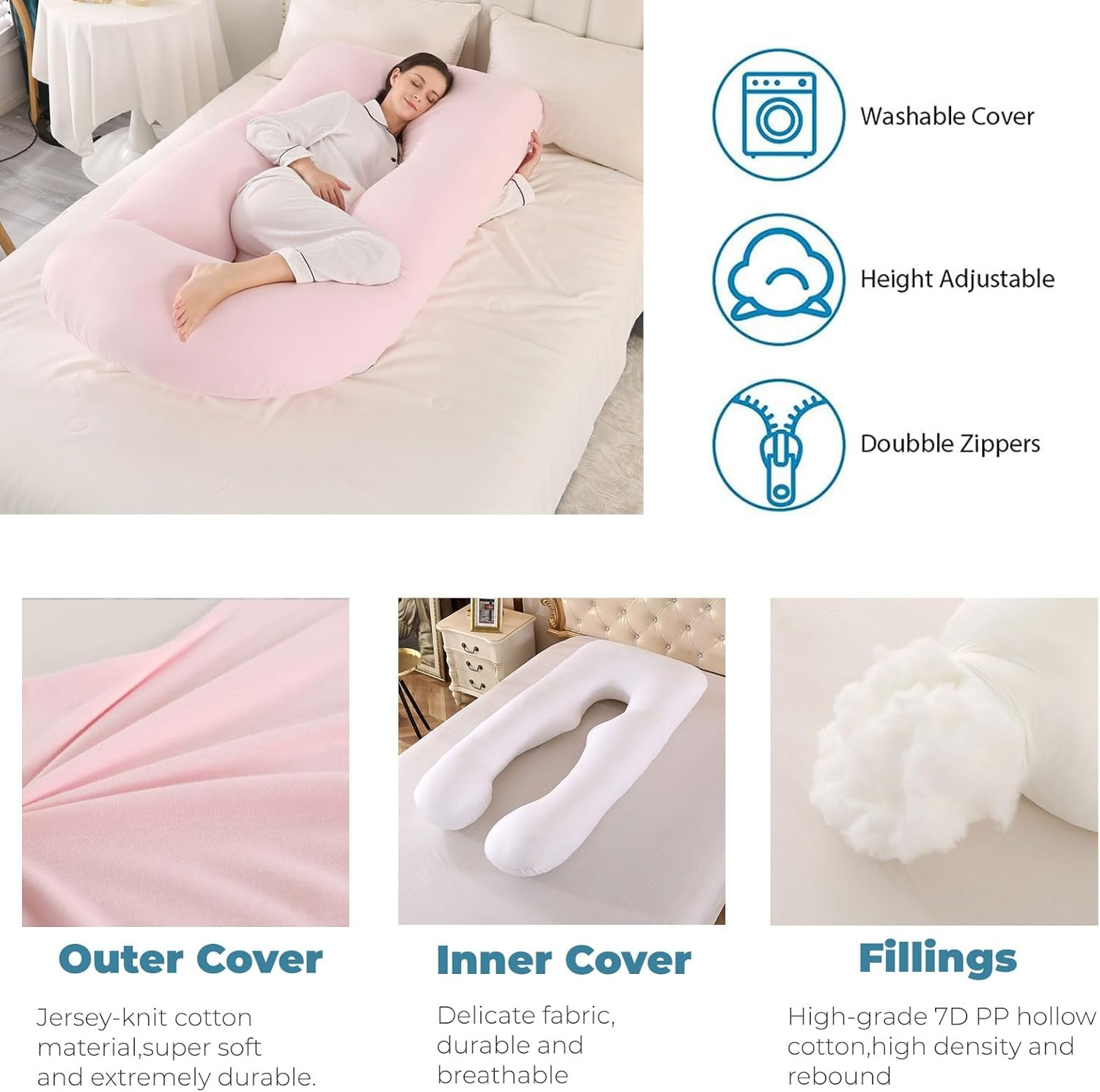 Pregnancy Pillow, Maternity Full Body Pillow for Back, Legs and Belly Support, J Shaped Full Body Pillow for Pregnant Women and Side Sleepers with Removable Cover (Knitted Cotton, Pink) image number 3