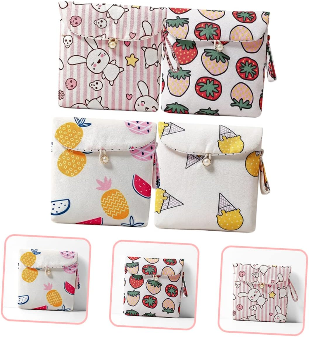 CIYODO 4Pcs Cotton Menstrual Pad Pouch with Button Closure Sanitary Napkin Organizer Bags for School and Travel Decorative Period Bags for Teens and Women image number 4