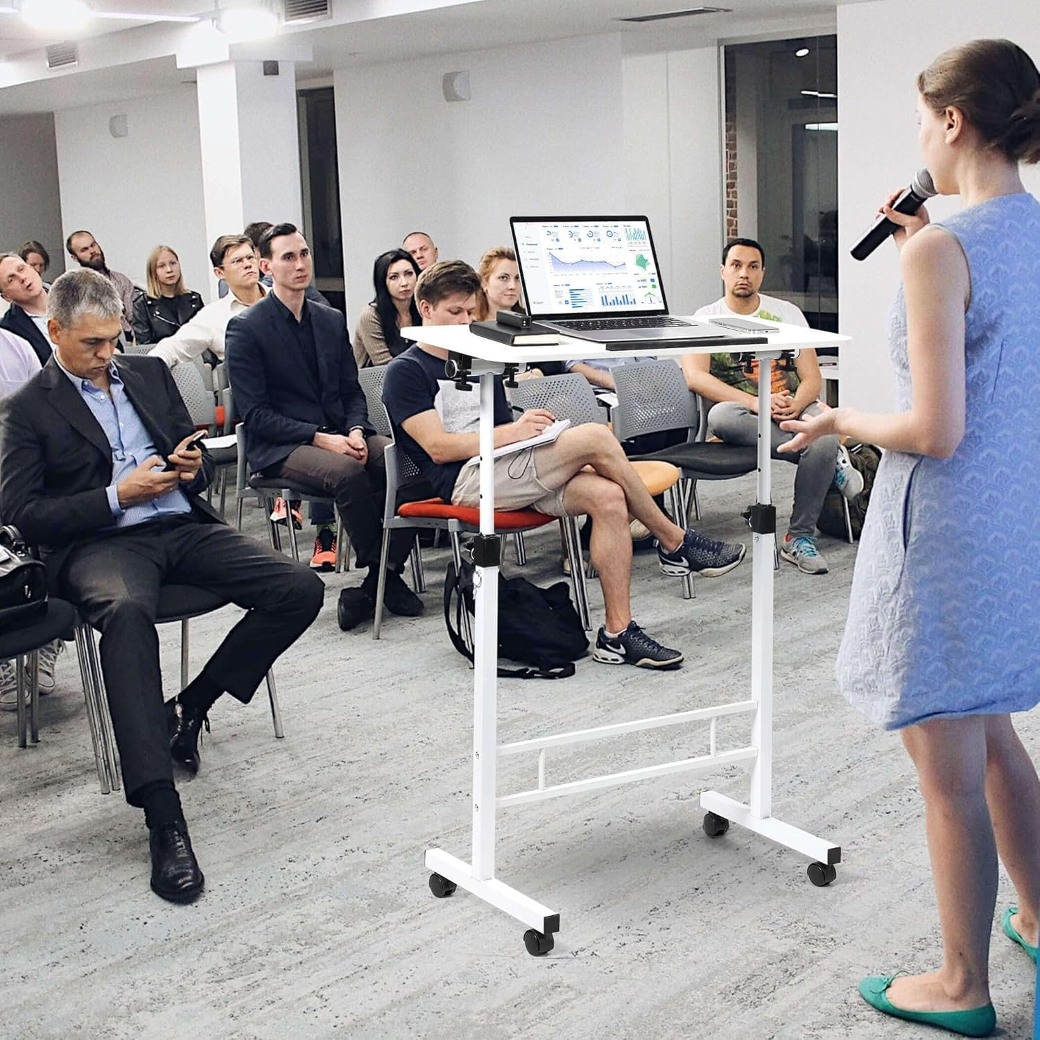 Small Standing Desk Adjustable Height, Yueme Mobile Stand up Desk with Wheels, 32 Inch Portable Rolling Desk Small Computer Desk, Portable Overbed Bedside Table End Table for Home Laptop Bed Sofa image number 6