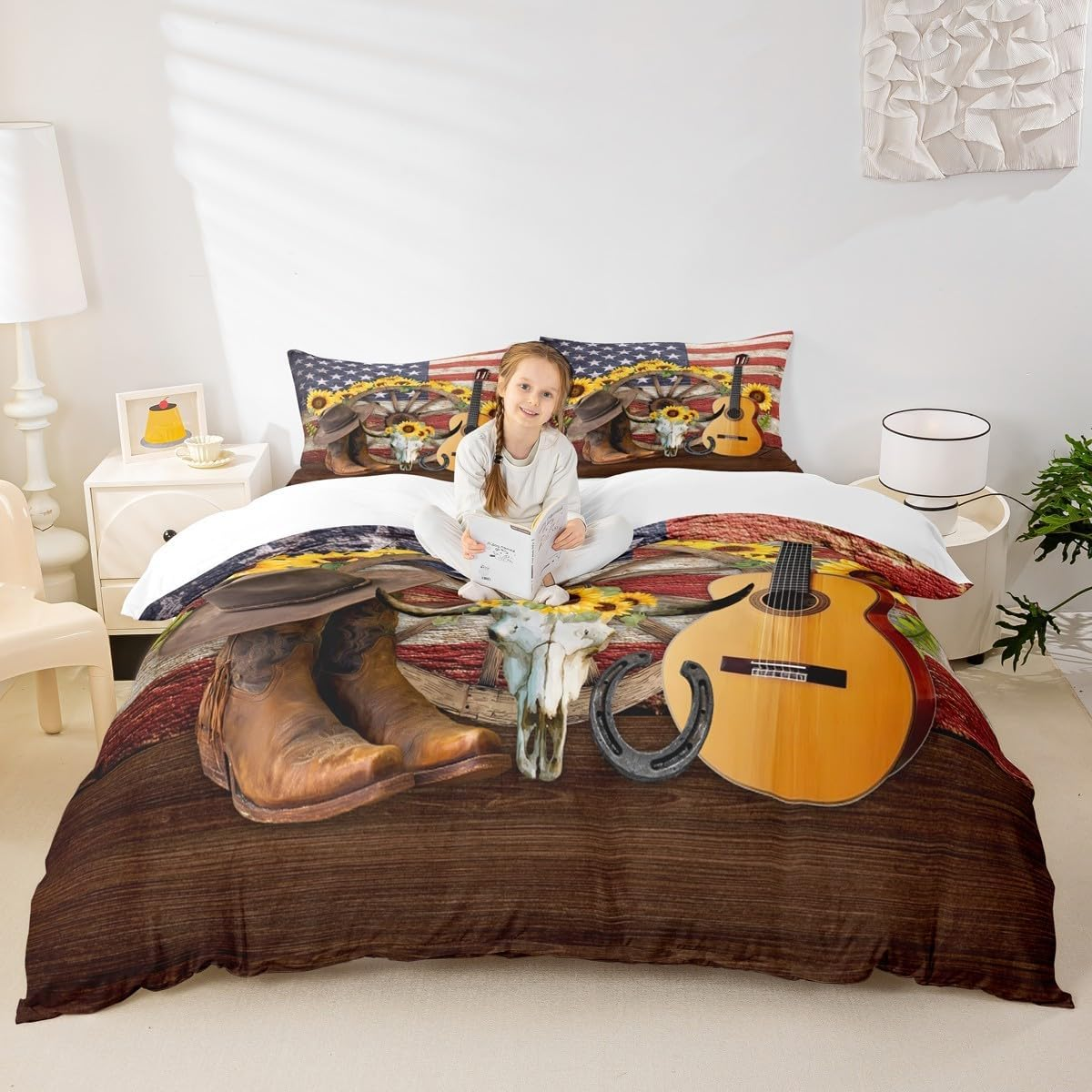 Western Cowboy Kids Duvet Cover Set Queen Size,Cow Skull Horseshoes Sunflowers Bedding Set,Boys Girls Adults Room Decor,American Flag Retro Comforter Cover,Rustic Farmhouse Quilt Cover,2 Pillowcases image number 3