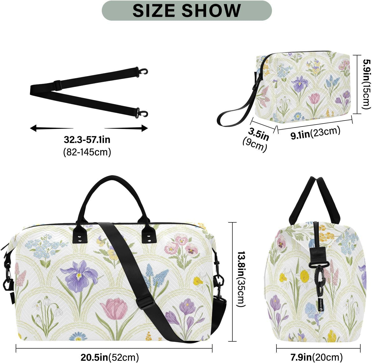 Travel Bag Overnight Carry on Tote and Luggage Spring Garden Flowers Rainbow Tote Bag with Adjustable Strap For, Spring Garden Variety Flowers Rainbow Medallion, Set of 2, Art Deco image number 6