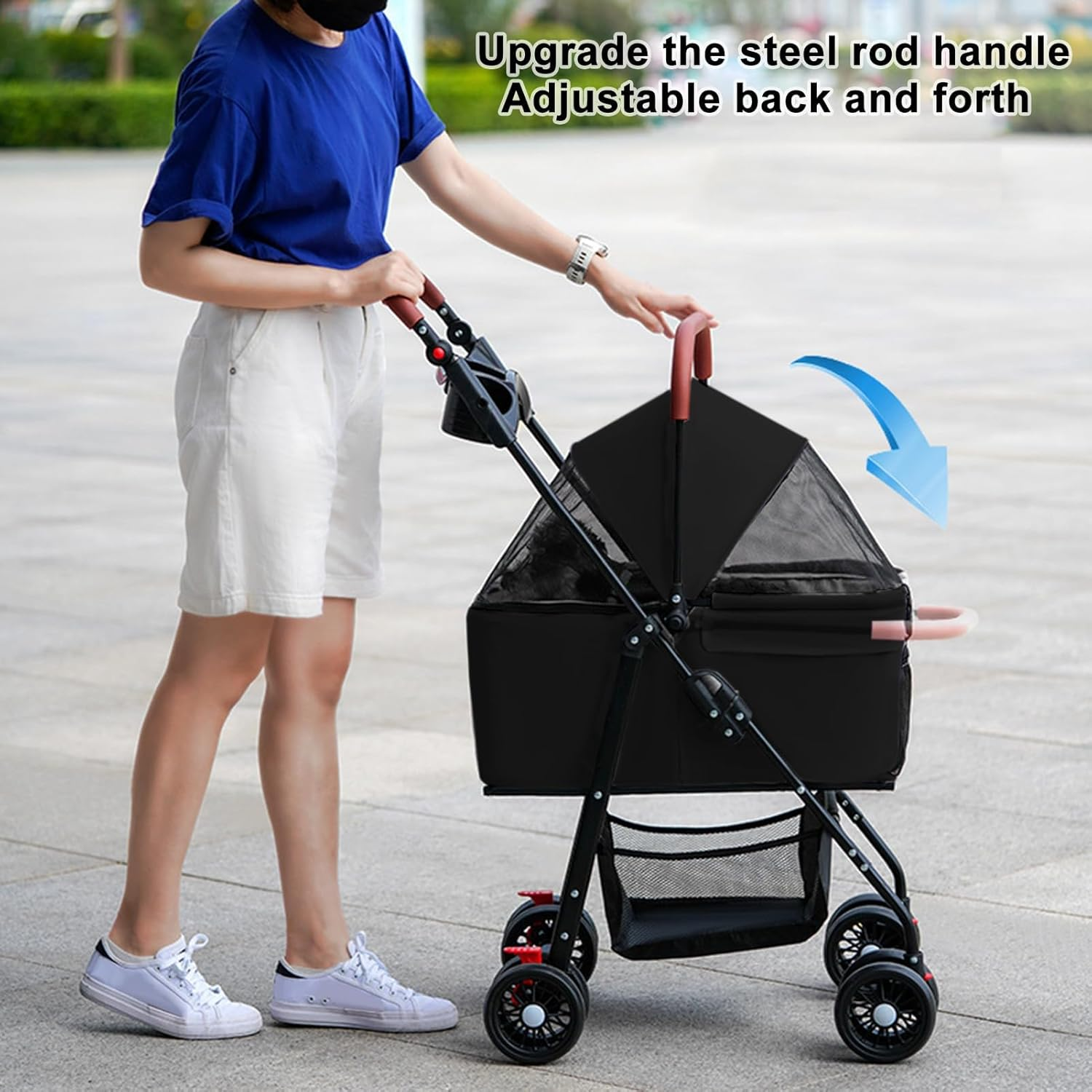 Pet Stroller-Folding 4 Wheels Cat/Dog Stroller for Medium Small Pets with Storage Basket and Cup Holder Suitable for Going Out and Traveling (Black) - Black image number 3