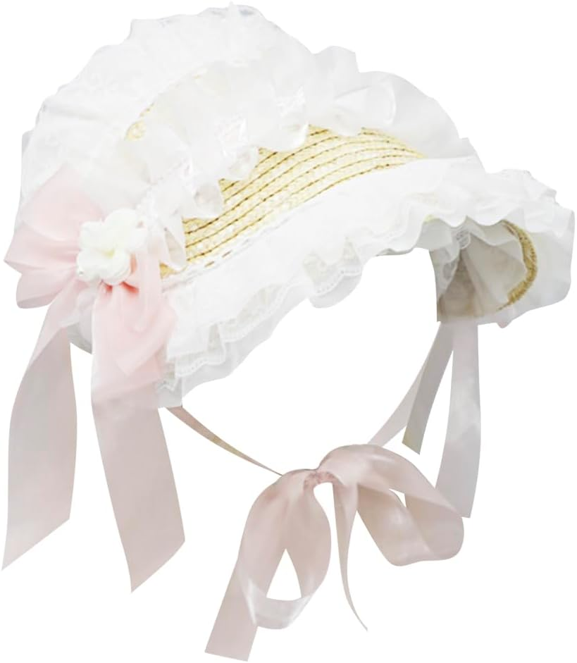 Girls Women Victorian Lolita Flat Bonnet Cap Tea Party Sun Hat Lace Bows Flower Ribbons Straw Hats