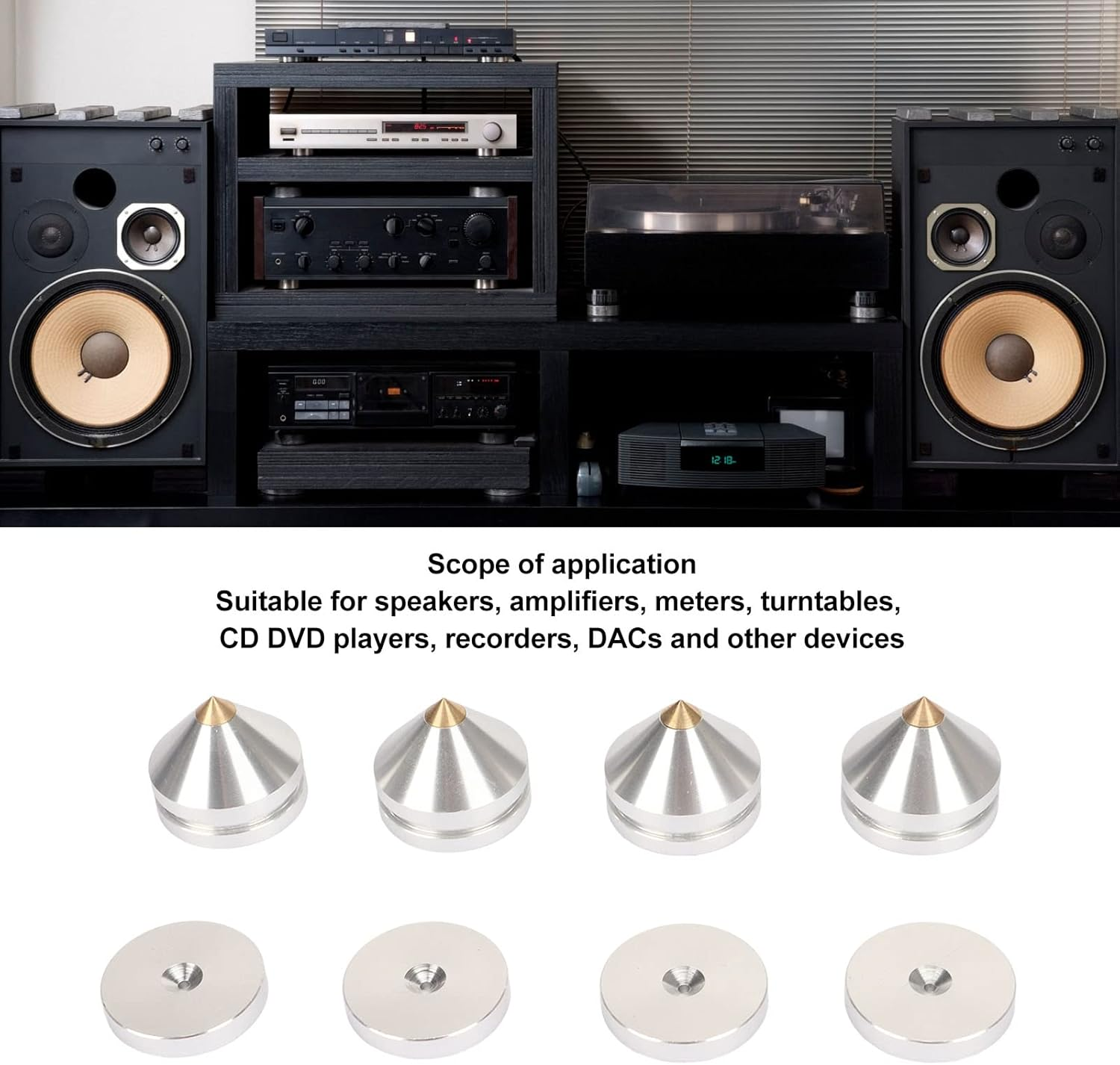 4 Pcs Aluminum Speaker Spike and Speaker Isolation Feet, Turntable Isolation Platform, Subwoofer Isolation Pad Feet Amplifier Feet DAC Feet Pad Stand, Foot Mat Shock Absorber for Amps Silver - Silver image number 2