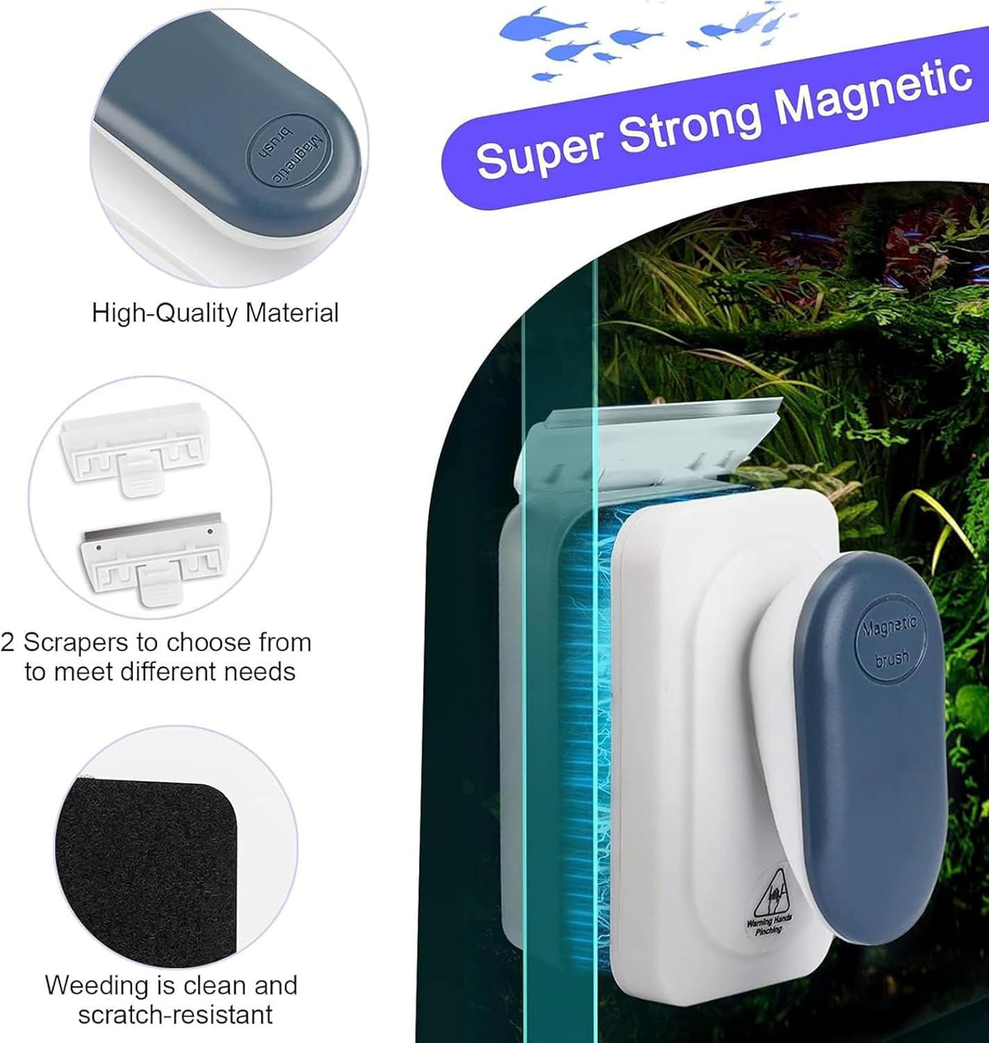 Aquarium Strong Magnetic Glass Cleaner Brush, Fish Tank Algae Magnet Cleaning Tool with 2 Detachable Scrapers, Mag Float Scrubber for 12Mm Thick Glass and Acrylic Tanks (Large) image number 2