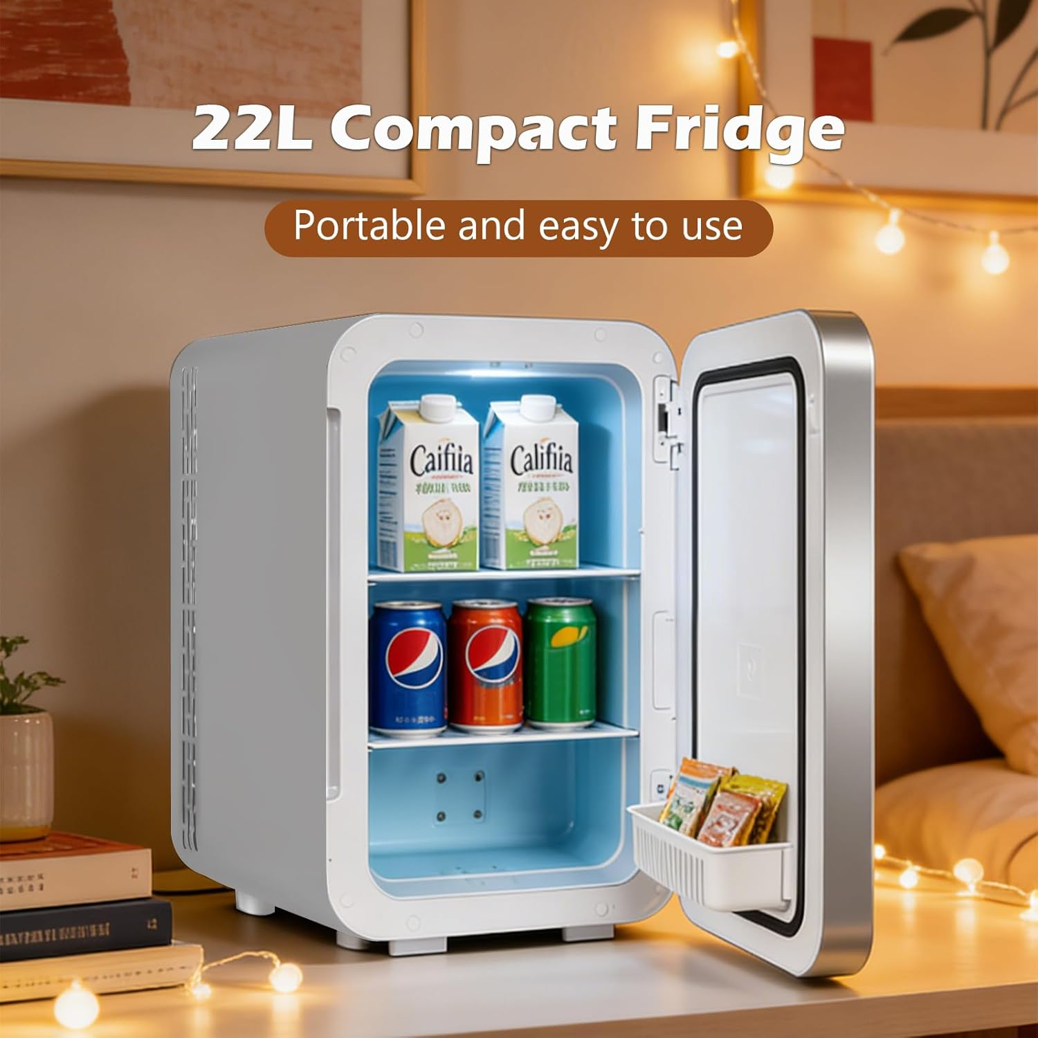 22L Mini Fridge, Portable Mini Fridge for Bedroom, 2-In-1 Personal Cooler Car Refrigerator, DC 12V and AC Cords, for Bedroom Home Office Travel, Silver image number 6