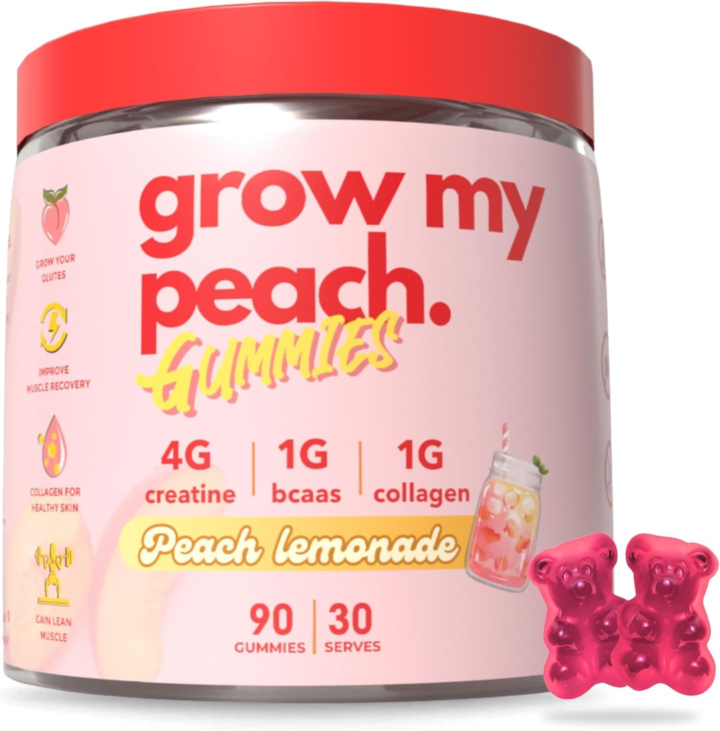 Preworkout Gummies for Women - Creatine Monohydrate 4G + Collagen Peptides + Bcaas - Grow My Peach by the Gummy Lab - Preworkout Muscle Builder, Strength & Recovery - Peach Lemonade Flavour - Non-Bloating, Women'S Fitness Supplement image number 1