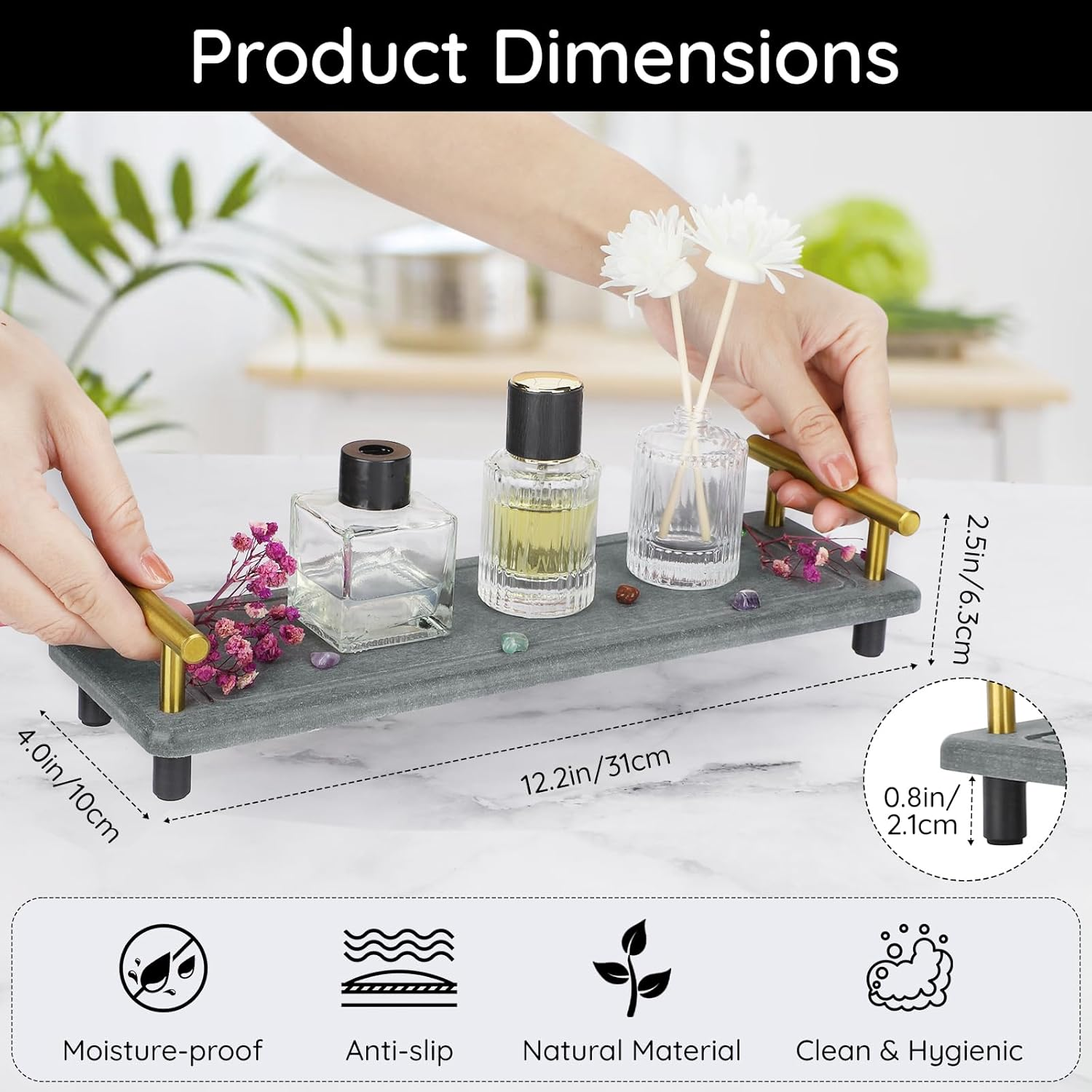 Segbeauty Stone Quick Dry Tray, Countertop Diatomaceous Tray, Instant Dry Sink Organizer, Home Sink Caddy, for Toiletries & Plants, Countertop (With Golden Handle) image number 3