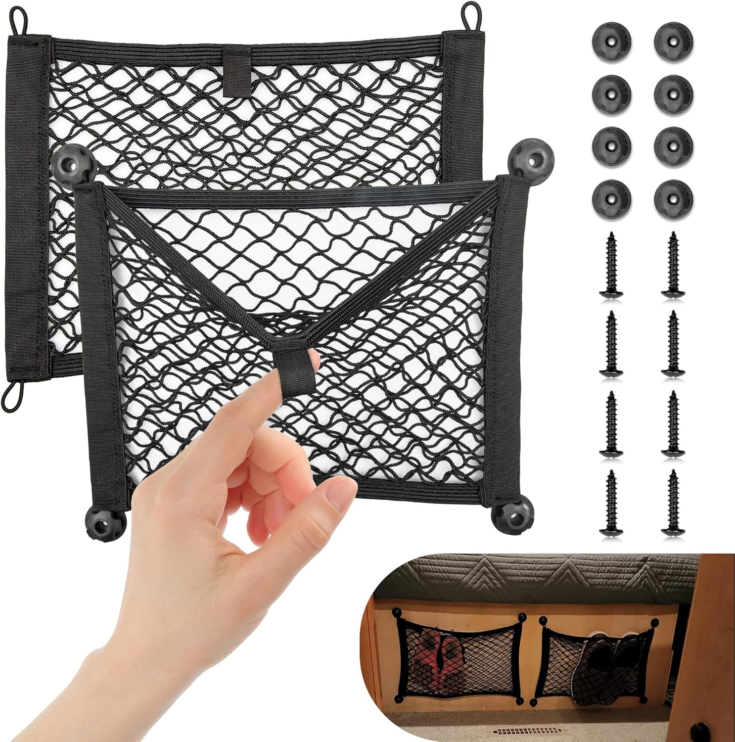 RED Wolf 2 Layer Small Mesh Cargo Net Elastic Storage Netting 2 Pcs Stretchable Car Organizer Net 14&times;10 Inch for Trunk RV Boats Home Auto Cargo Net Pocket with Screws and Hooks