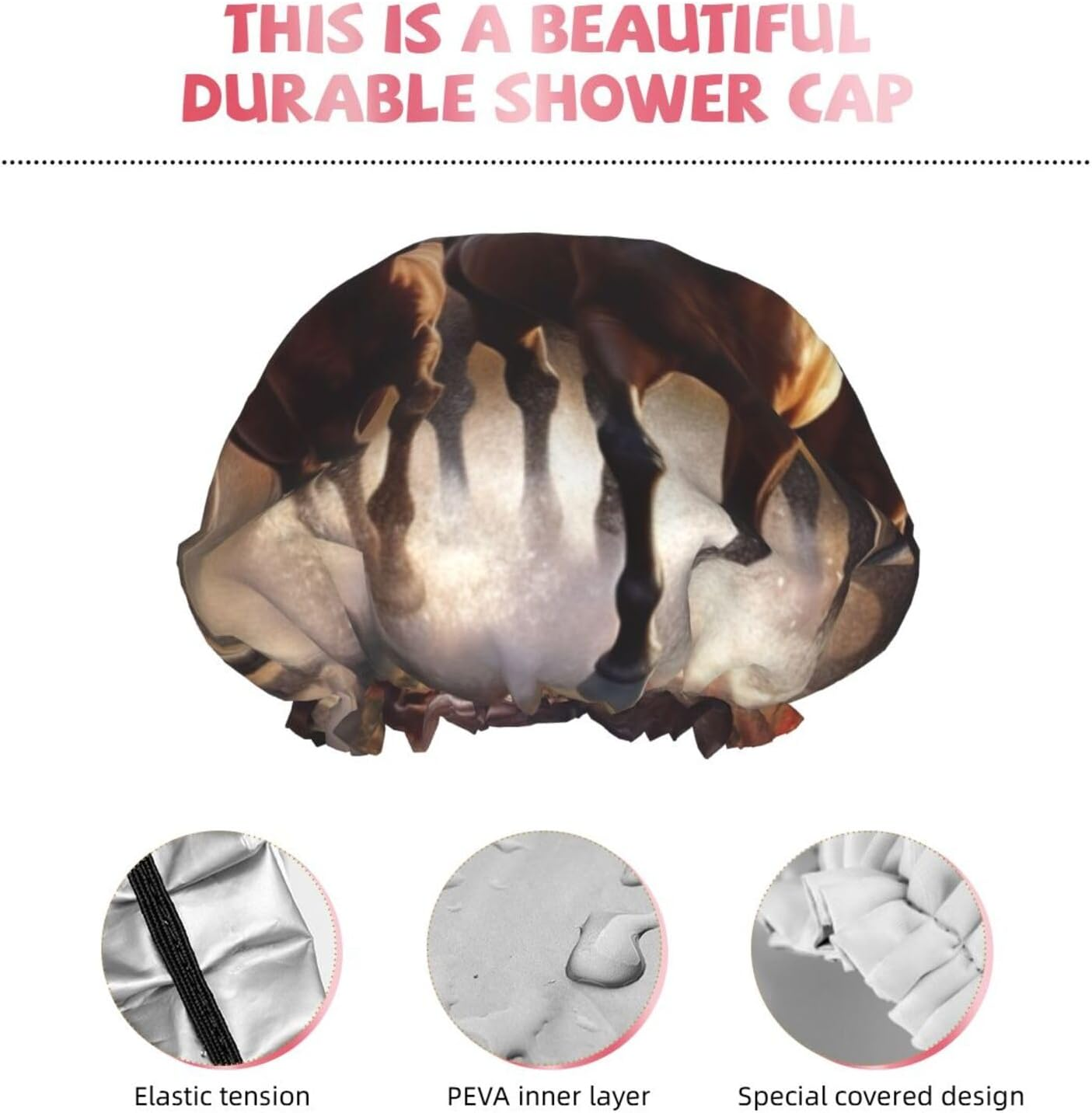 Reusable Shower Cap for Women Men Large Waterproof Shower Bonnet Washable Bath Cap Horses Hair Hat Elastic Band Double Layered Shower Hat for Long Hair, Braids image number 3