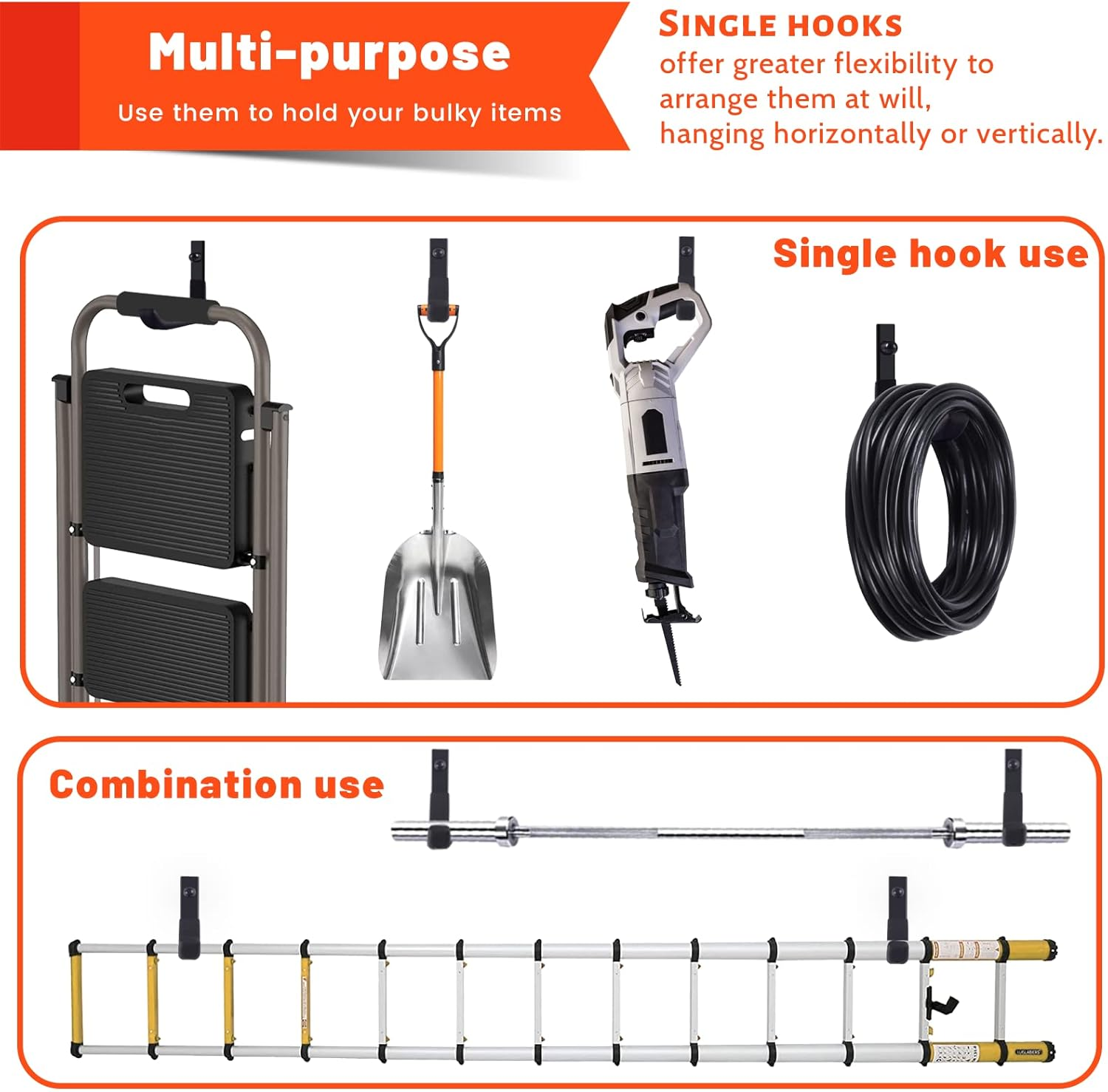 Sunvfafa 4 Pack Garage Storage Hooks, Ladder Hangers, Steel Wall Mount Hooks, Utility Hooks for Hanging Heavy Duty Shed Tools, Ropes, Garden Hoses, Shovel, Bulk Items, Etc.（88Lbs, 4Inch） image number 4