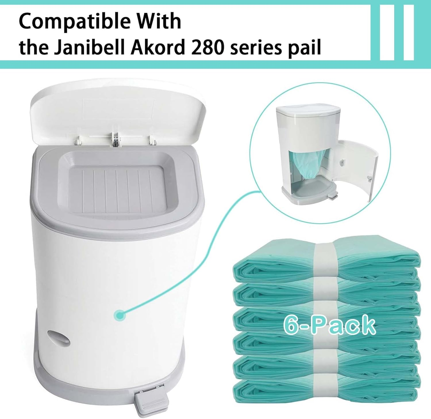 6-Pack Diaper Pail Liner Refills Bags Compatible with KORBELL Nappy Bin 16L Disposable Bag Refill，Green, Lightly Scented image number 4