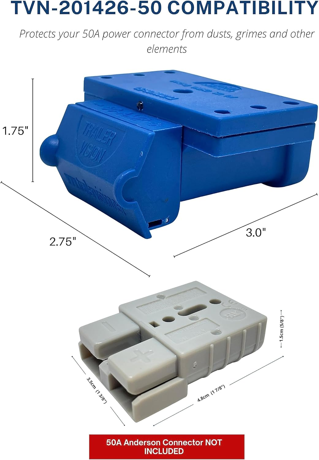 Trailer Vision 50A Anderson Connector Cover - 50Amp Anderson Plug Mounting Kit Assembly with LED Power Indicator - UV Insulated Protection for RV, Trucks, Solar, Marine, Mobile, Industrial (50A Blue) image number 2