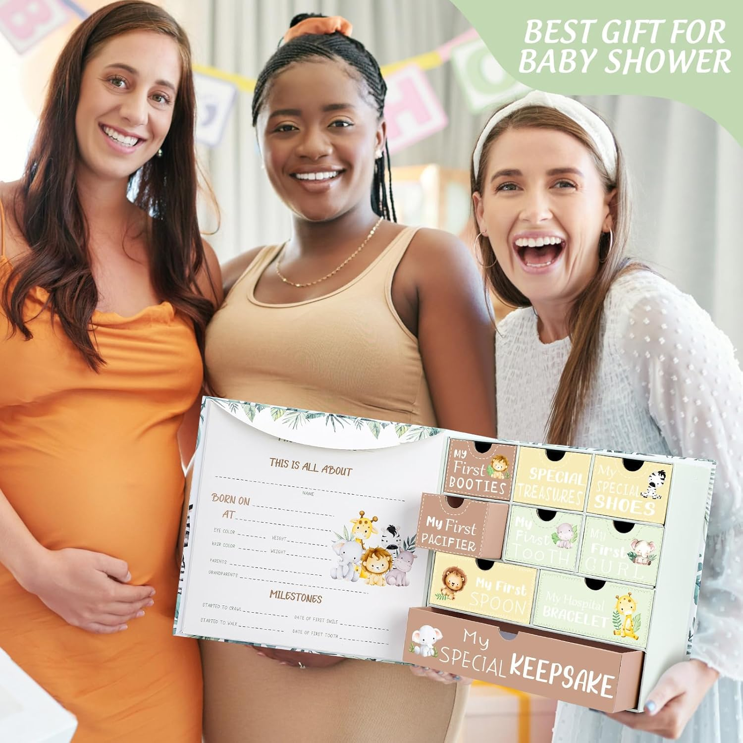 Baby Keepsake Box Newborn Memory Organizer with 9 Labeled Compartments Newborn First Keepsake Book Gift Box for Pregnancy Gender Neutral Baby Shower Maternity image number 5