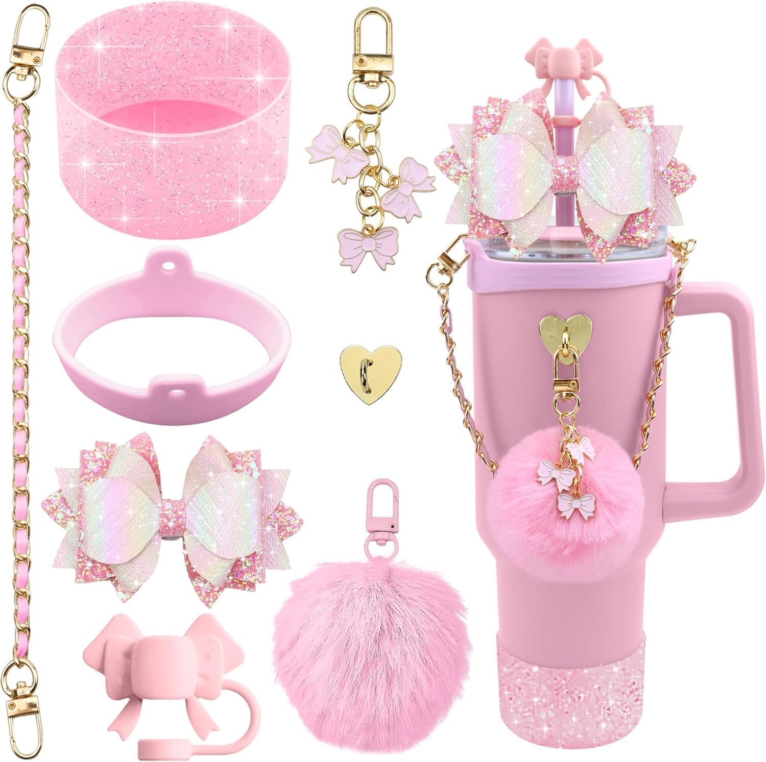 XIANGYUAN Bling Stanley Cup Accessories for 40Oz & 30Oz Tumbler Including Silicone Cute Bow Straw Topper Cover, Silicone Stanley Cup Boot,Leather Water Bottle Handle Strap, Charms