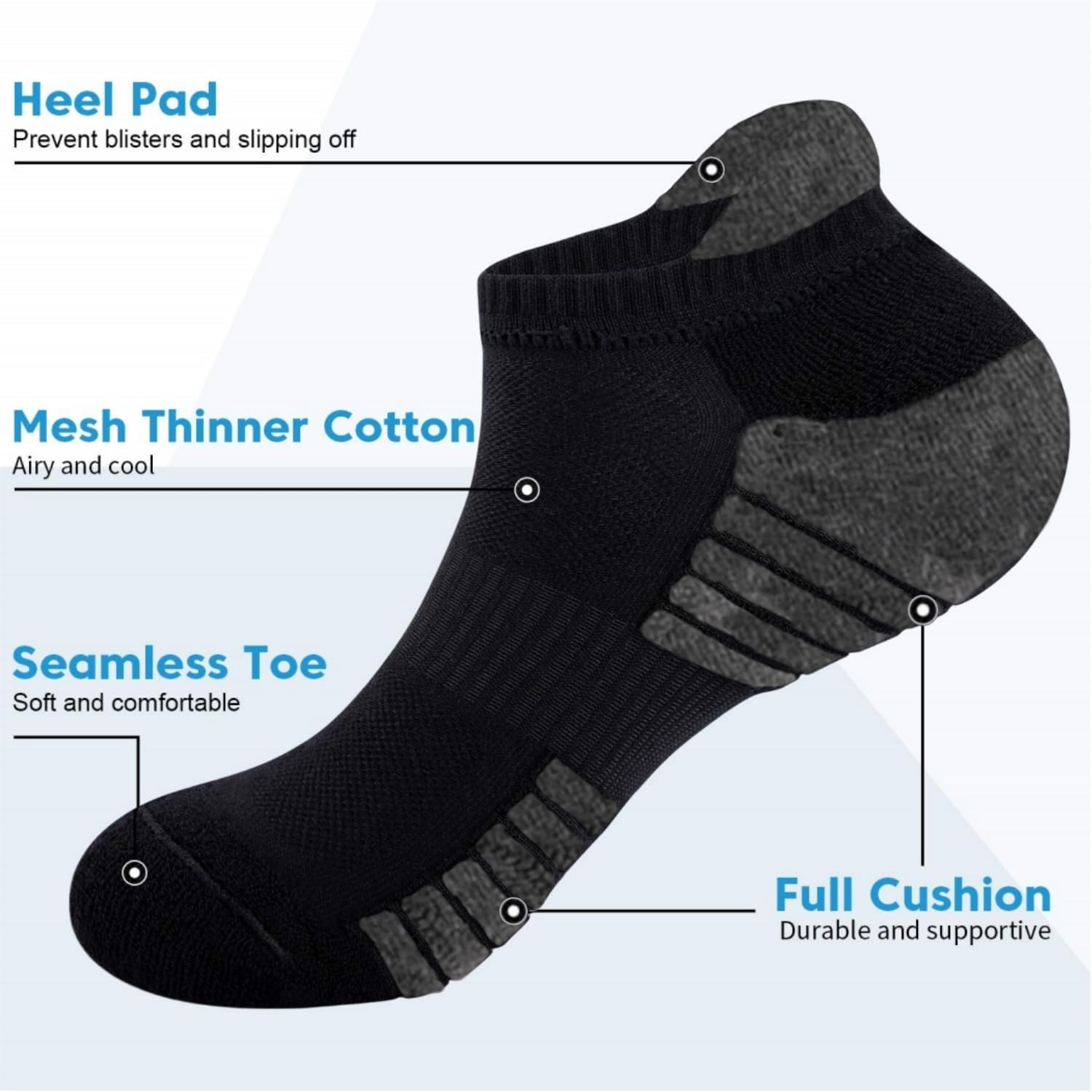 ZANZER (6 Pairs) Athletic Ankle Socks 6 Pairs Thick Cushion Running Socks for Men&Women Cotton Socks image number 4