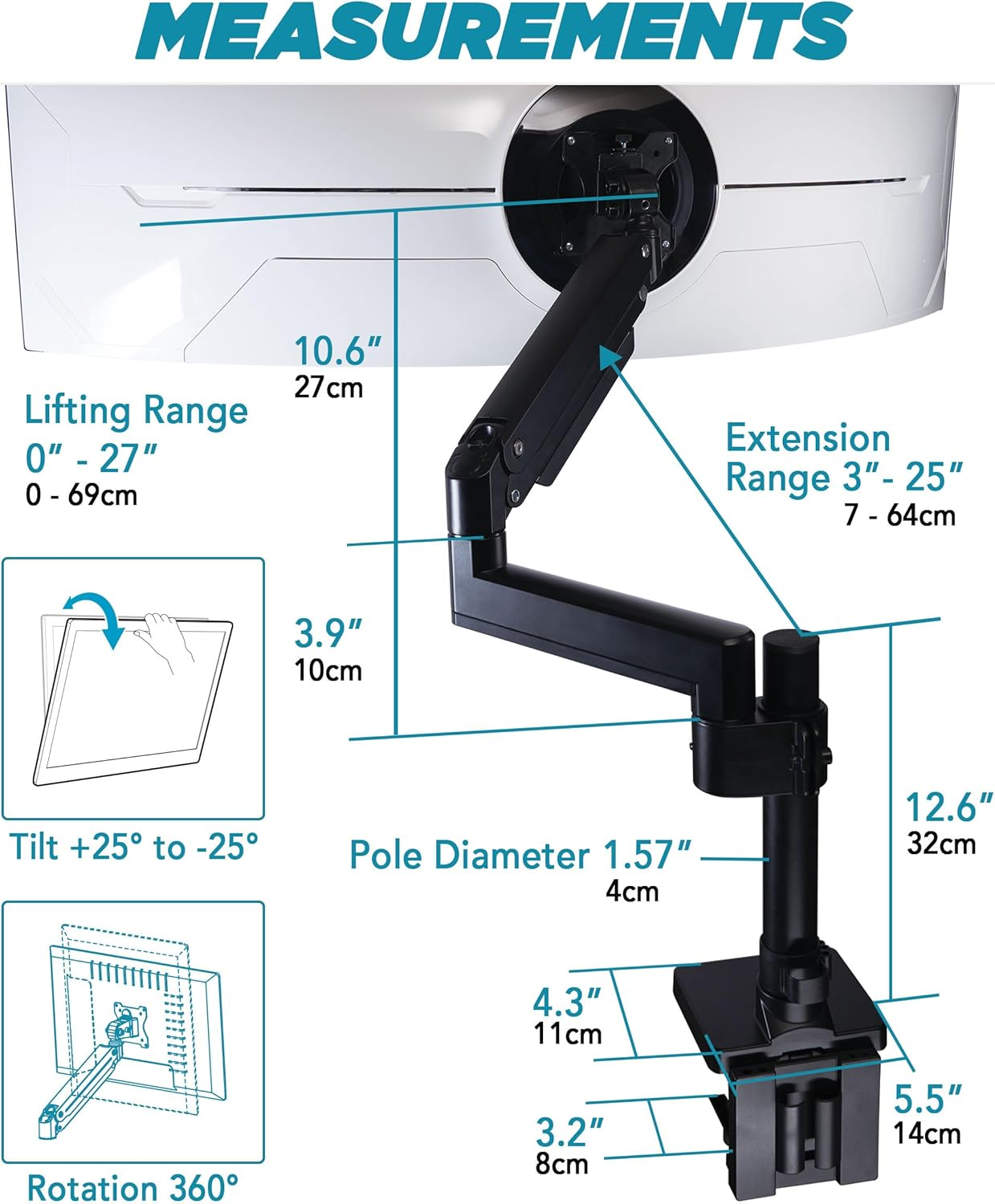 ULTRARM Heavy Duty Monitor Arm for Ultrawide Monitors up to 57" and 44 Lbs, Single Desk Stand, Pneumatic Height Adjustable, Modular Extension Arms - Max VESA 100X100, Black, MA20P-S