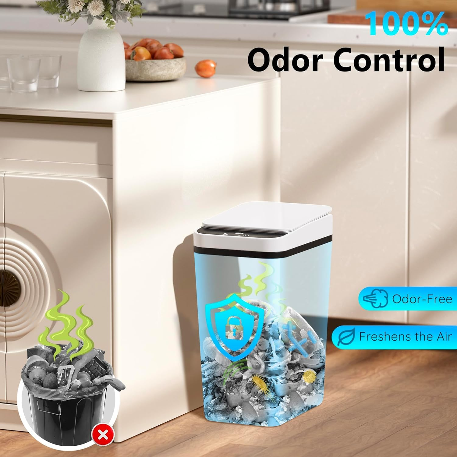 2Pack 11L Kitchen Trash Can, Sensor Stainless Steel Body Kitchen Trash Bins, Kicking Opening,Compost Bin, Trash Can for Home, Kitchen Waste Bins, Trash Bins with Lid,