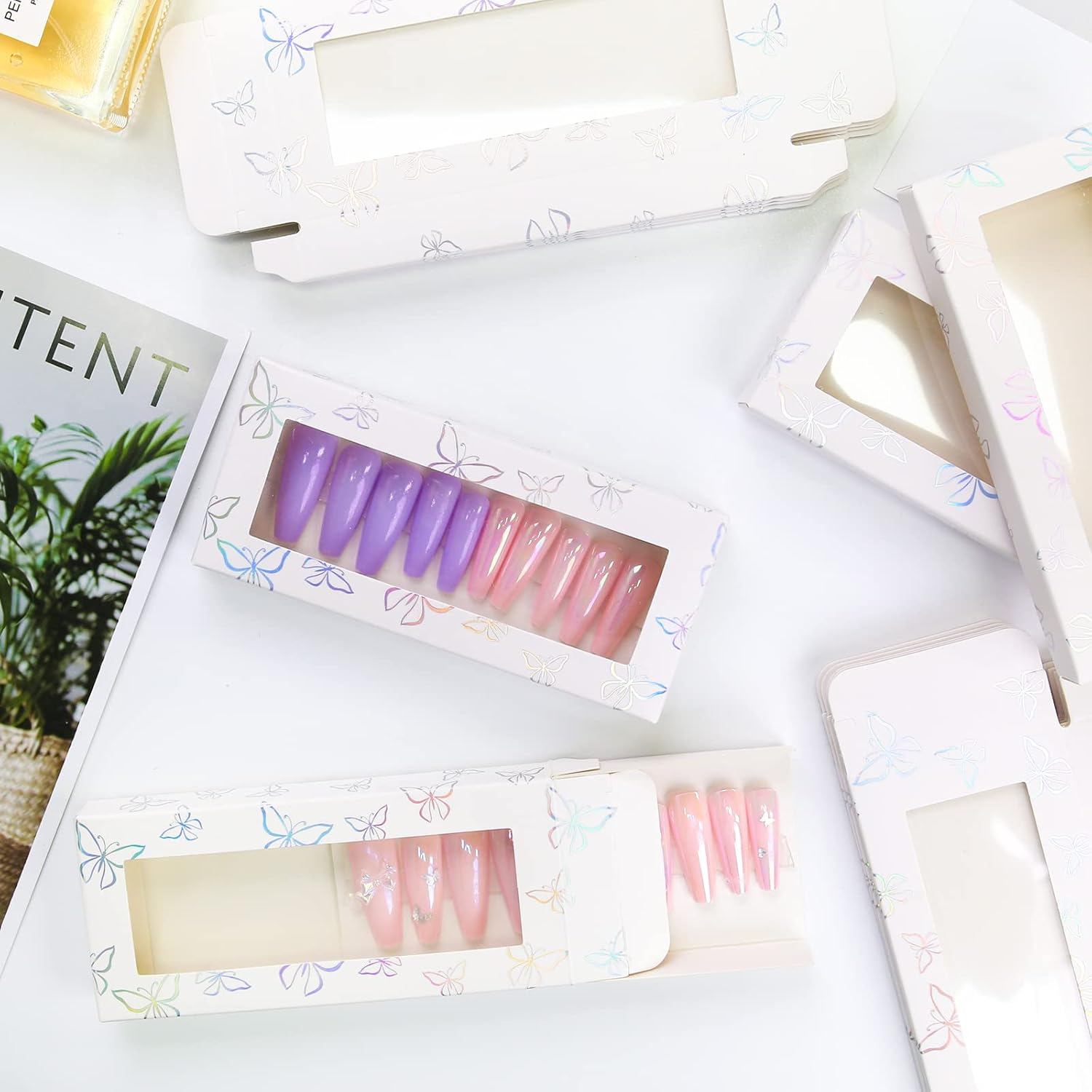 HLQHXWHZT 71 Pcs Empty Press on Nails Packaging Box 35 Pcs White Background Papers and 1 Double Sided Tape, Empty Nail Package Box Set for Press on Nail Business (White)&hellip; - Black Square image number 6