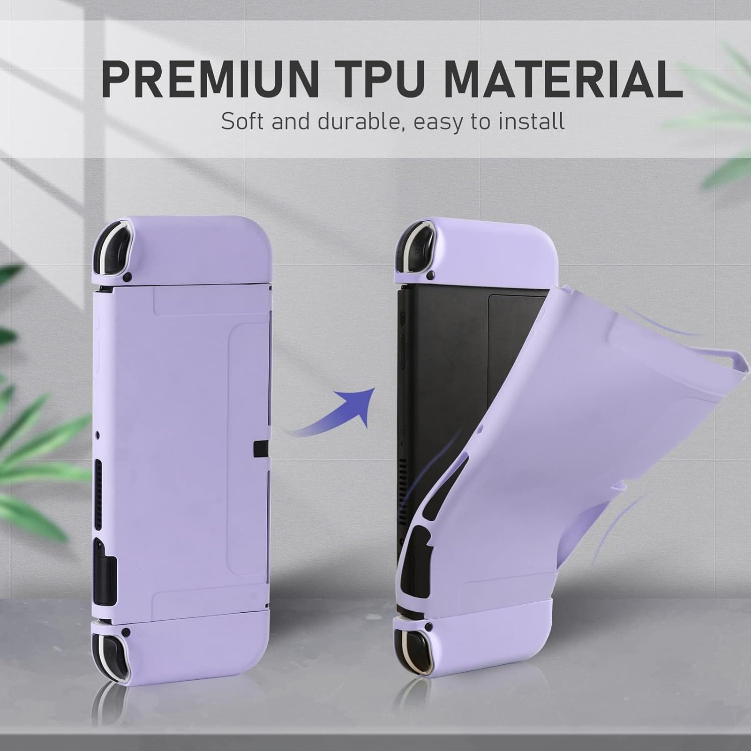 Dockable Case for Nintendo Switch OLED Model 2021, Soft TPU Protective Cover Case for Switch OLED Console and Joy-Con Controller with 2 Pcs Thumb Grip - Light Purple image number 5