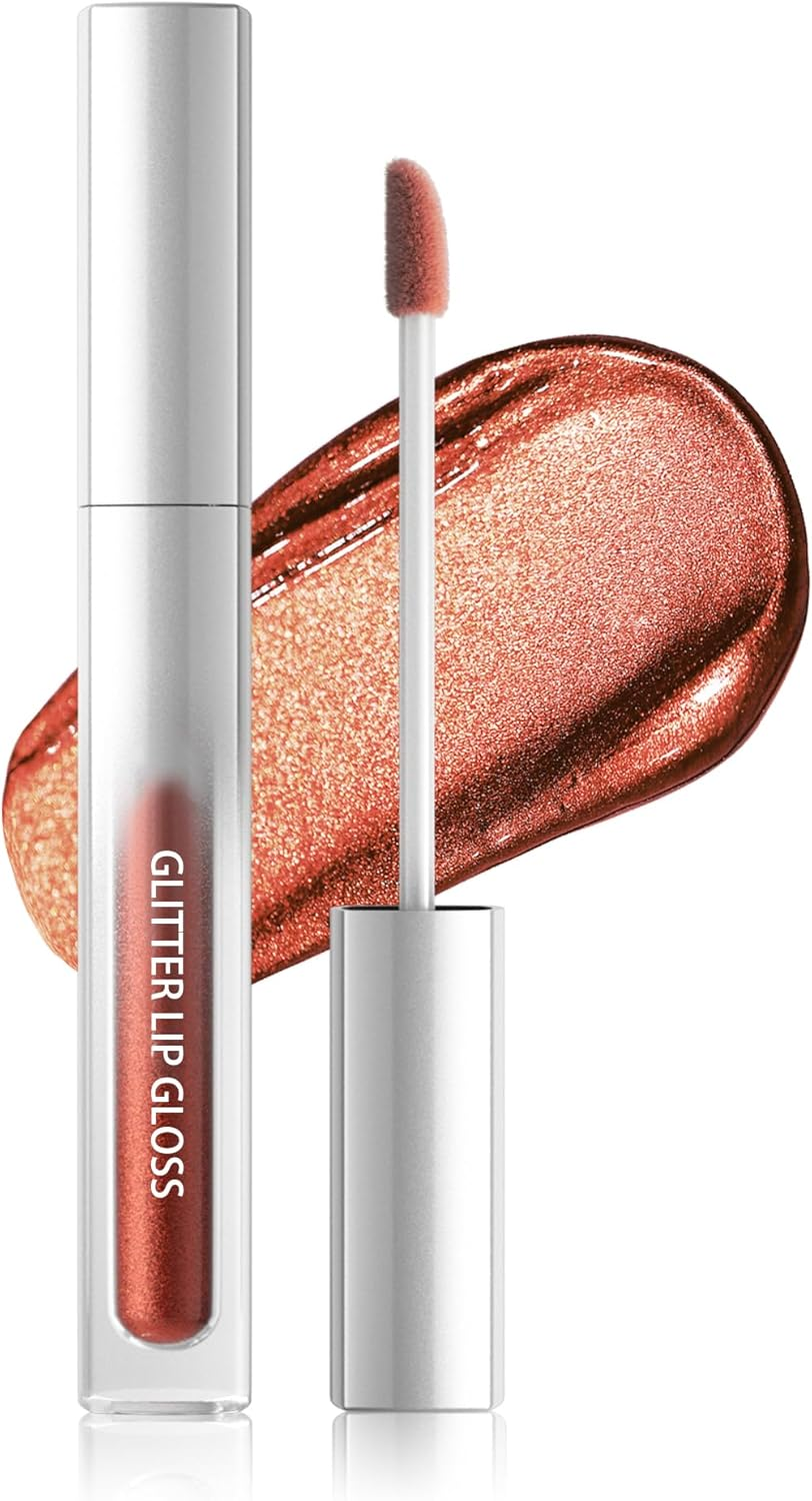 Glitter Lip Gloss Gold Brown, Metallic Shimmer Liquid Lipstick 24 Hours Hold, Waterproof Non-Stick Cup Diamond Glitter Lip Gloss, Highly Pigmented Sparkly Glossy Lipstick Makeup for Women 05