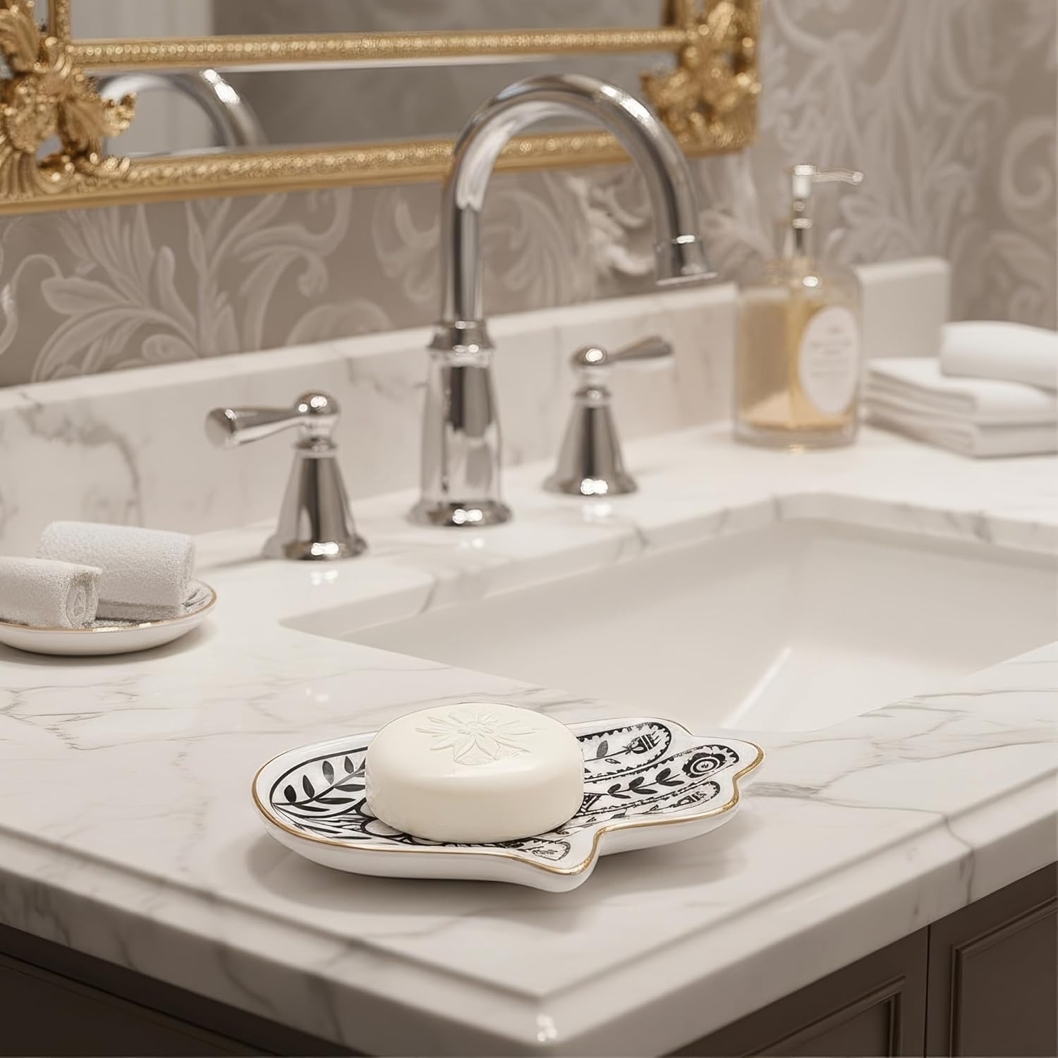 Hamsa Hand Ceramic Jewelry Tray - Home Decor Gold Trim Ring Dish & Small Item Organizer for Desk Vanity, Feng Shui Ornaments.