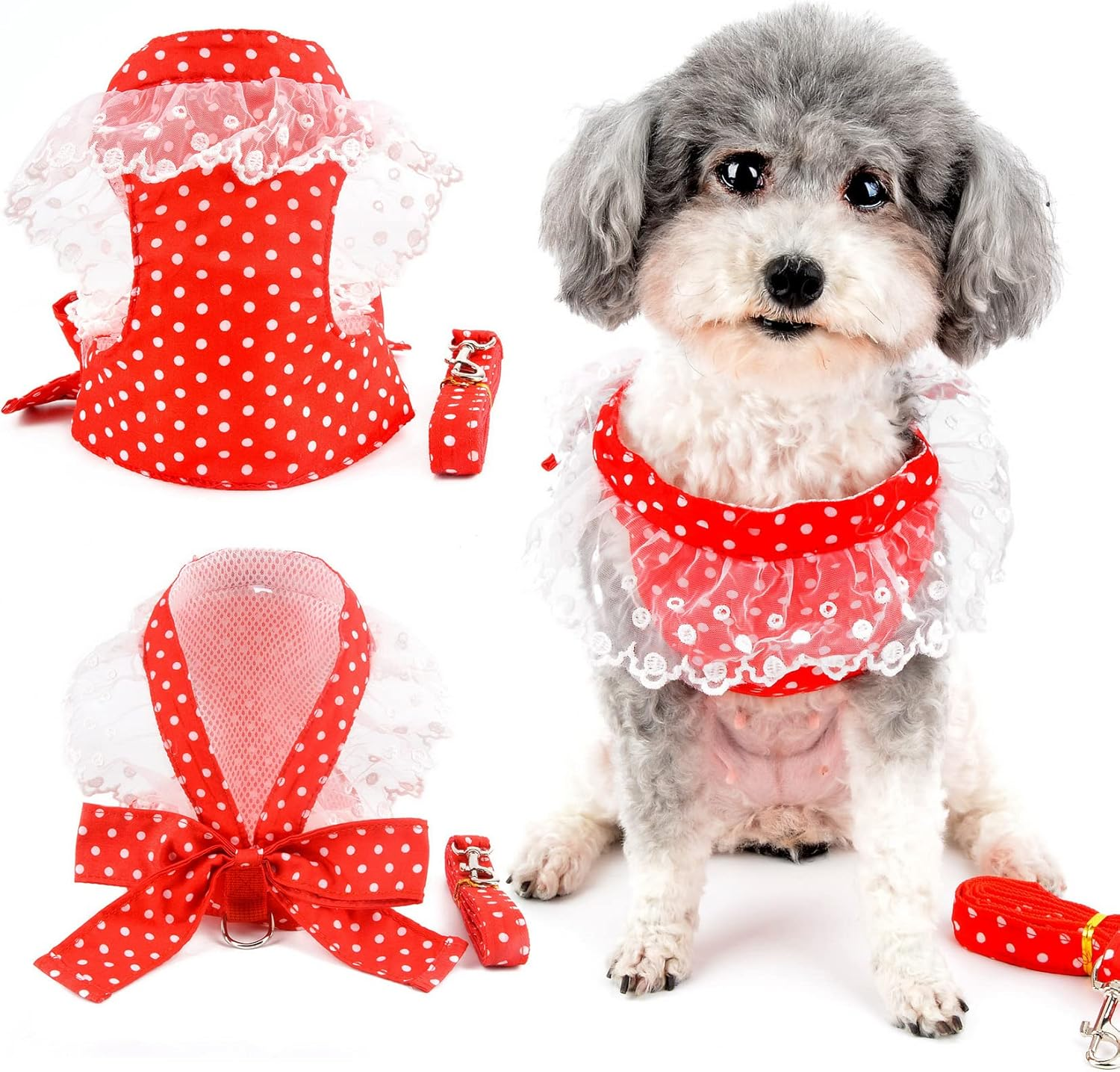 Zunea No Pull Dog Vest Harnesses for Small Dogs Cats Polka Dots Puppy Girls Harness and Lead Set Soft Breathable Mesh Harness Dress with Bowknot Lace Neck Pet Apparel for Chihuahua Yorkie Red XXL