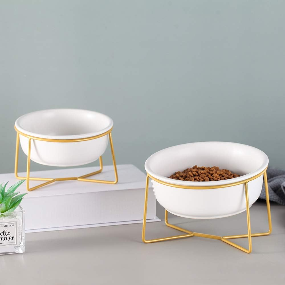 White Small Ceramic Tilted Elevated Cat Dog Bowl Raised Cat Food Water Bowl Dish Pet Comfort Feeding Bowls with Gold Iron Stand image number 5