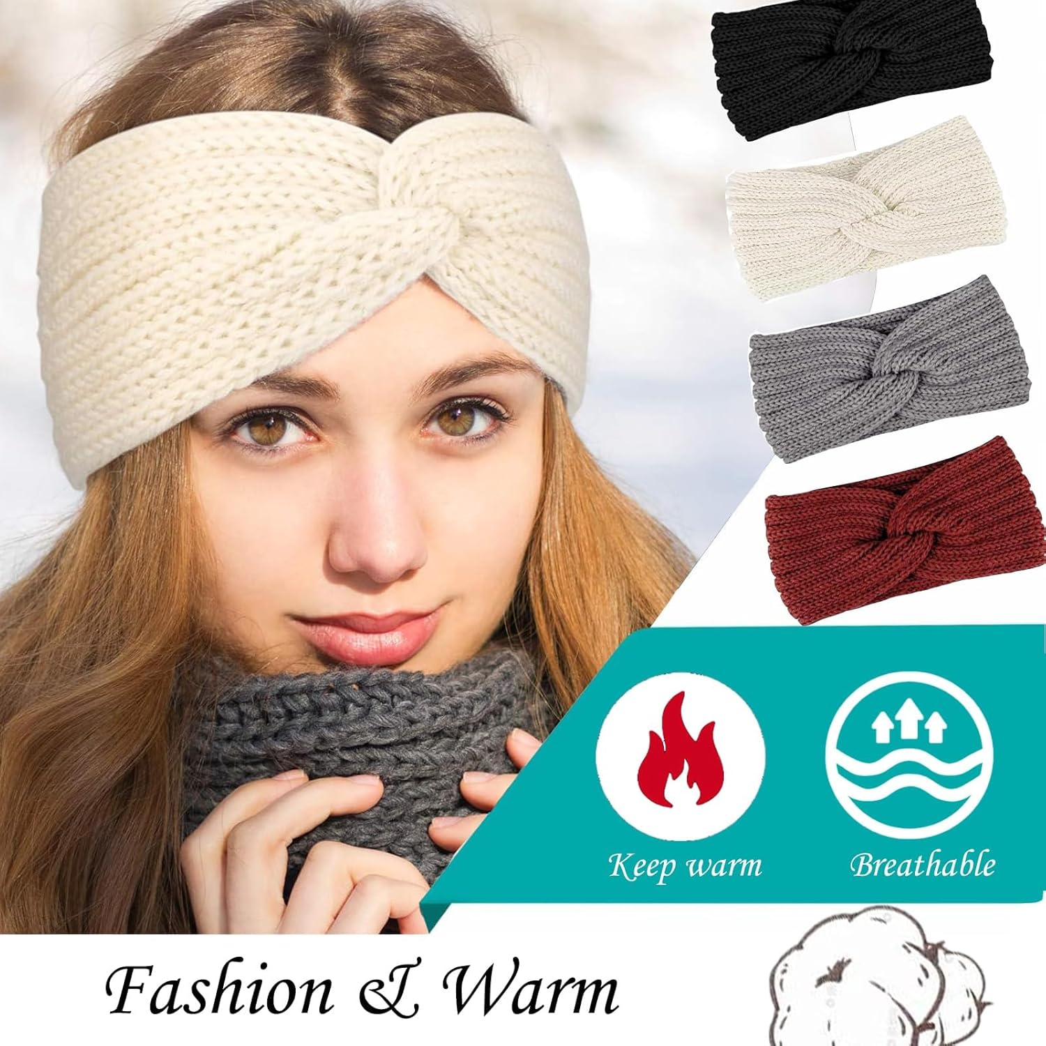 Women'S Headbands, Pack of 4 Hair Bands, Women'S Winter Headband, Girls Winter, Hair Band Headband, Elastic, Autumn and Winter Versatile Headband Women image number 4