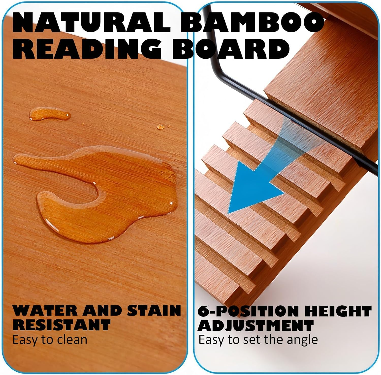 Book Stand for Reading Bamboo Cookbook Stand for Kitchen Adjustable Foldable Book Holder with Page Holder Clips Height Adjustable for Tablet Textbook Laptops Music Books Documents (Medium Brown) image number 5