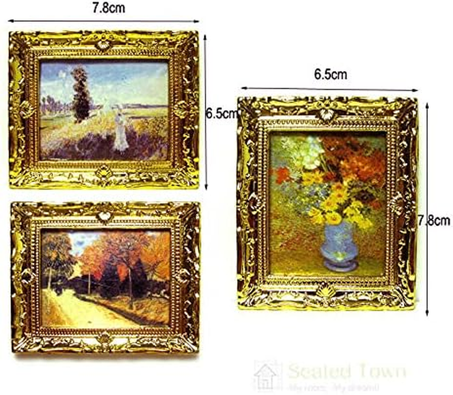Acxico 3Pcs 1:12 Mini Miniature Gold Frame Art Wall Picture Oil Painting Home Decor image number 6